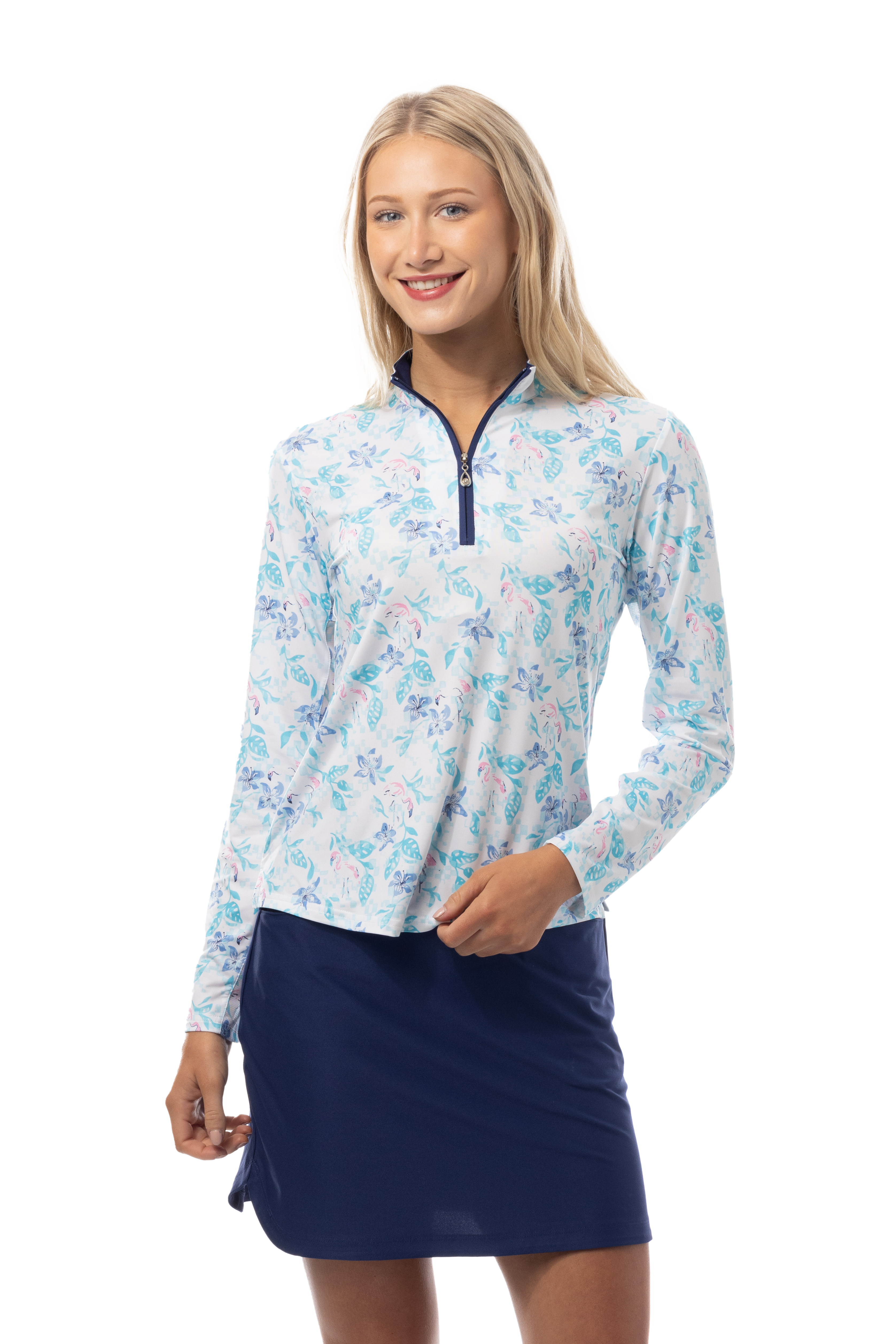 SANSOLEIL'S SOLCOOL 1/4 ZIP MOCK. FLAMINGO GARDEN. 900463 - SanSoleil