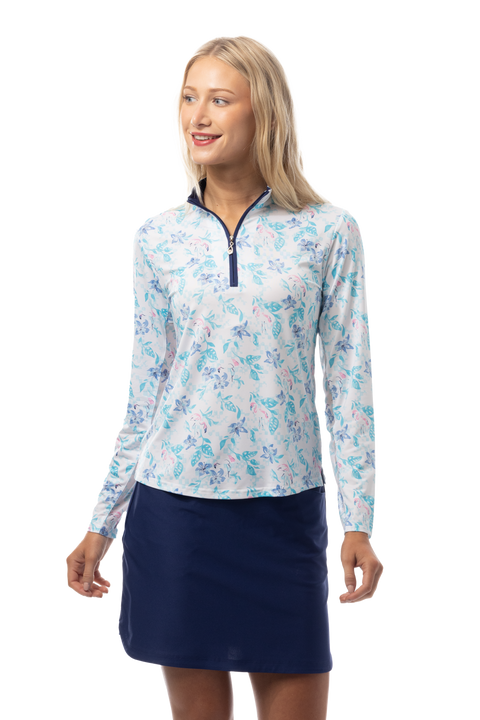 SANSOLEIL'S SOLCOOL 1/4 ZIP MOCK. FLAMINGO GARDEN. 900463