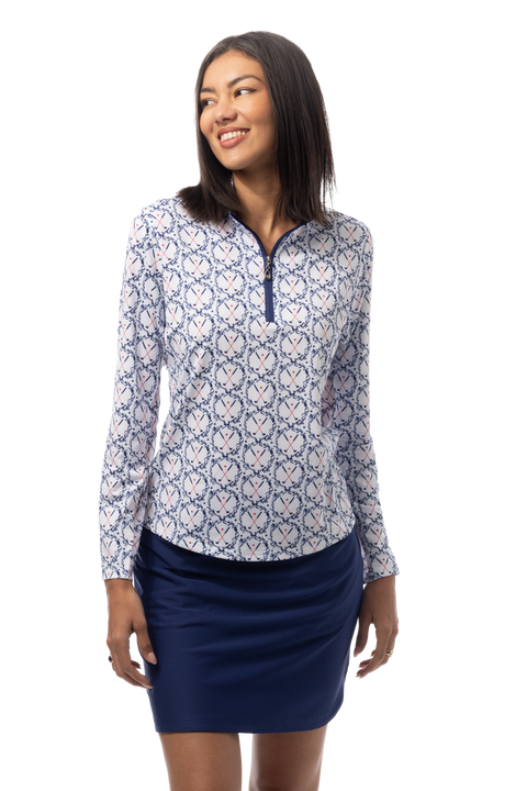 SANSOLEIL'S SOLCOOL 1/4 ZIP MOCK. GOLF CREST. NAVY RED. 900463