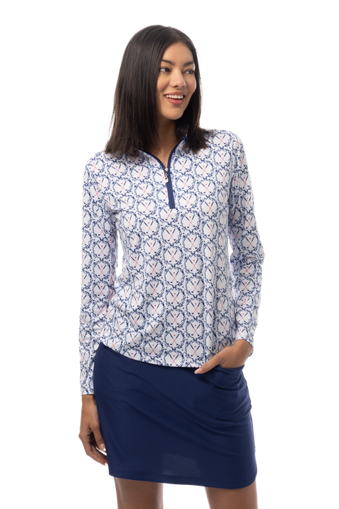 SANSOLEIL'S SOLCOOL 1/4 ZIP MOCK. GOLF CREST. NAVY RED. 900463
