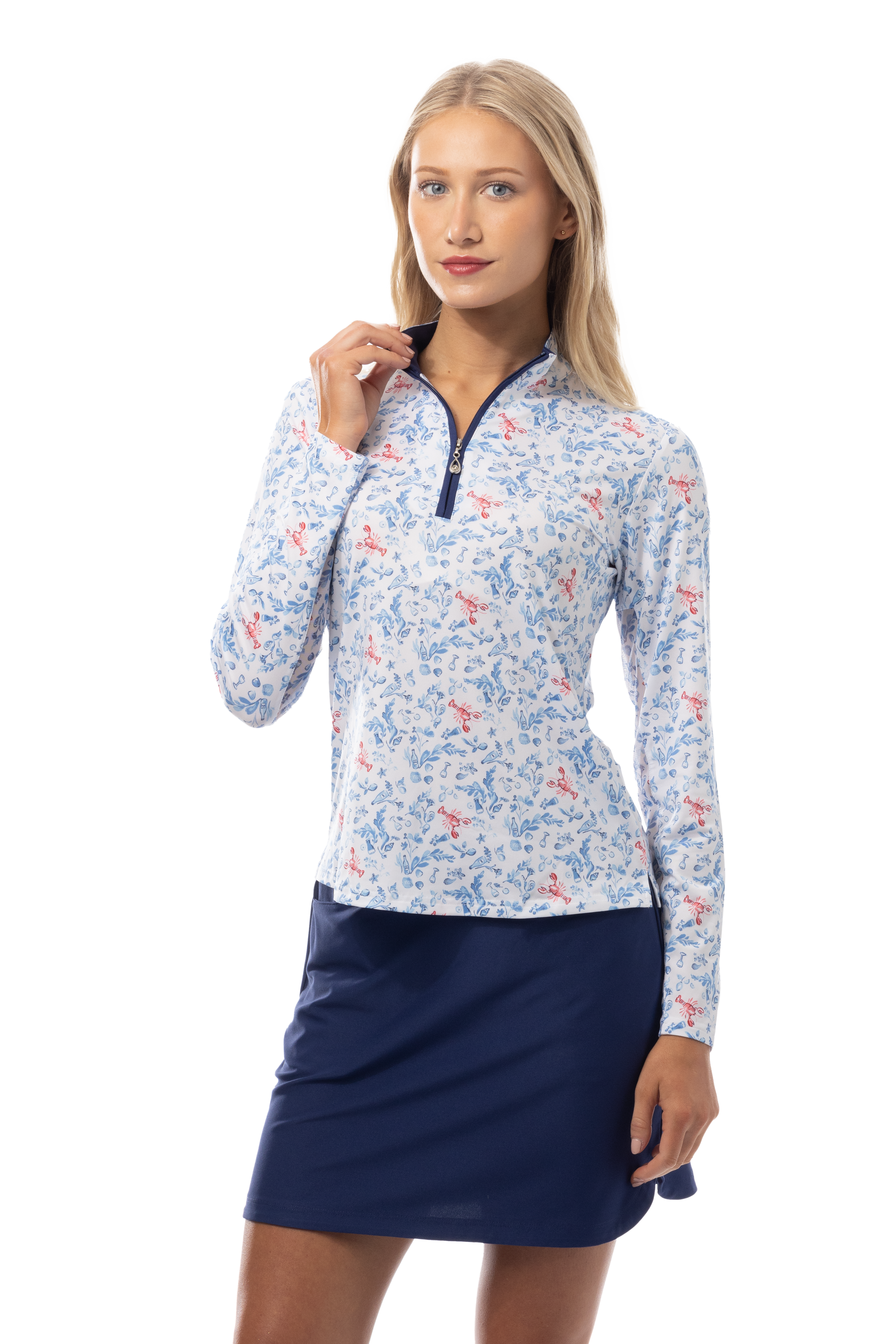 SANSOLEIL SOLCOOL PRINT 1/4 ZIP MOCK. LOBSTER POT. 900463 - SanSoleil