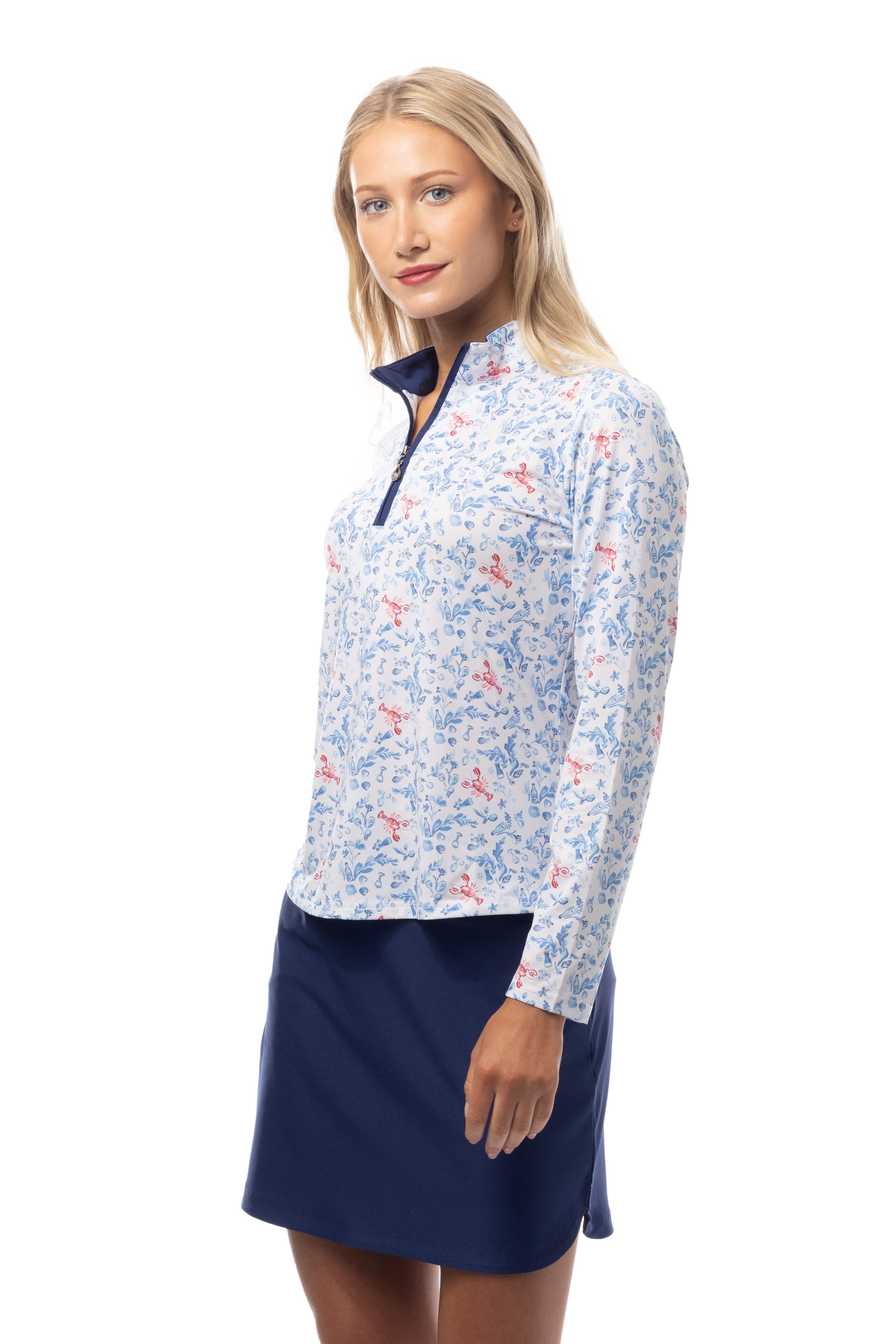 SANSOLEIL SOLCOOL PRINT 1/4 ZIP MOCK. LOBSTER POT. 900463 - SanSoleil