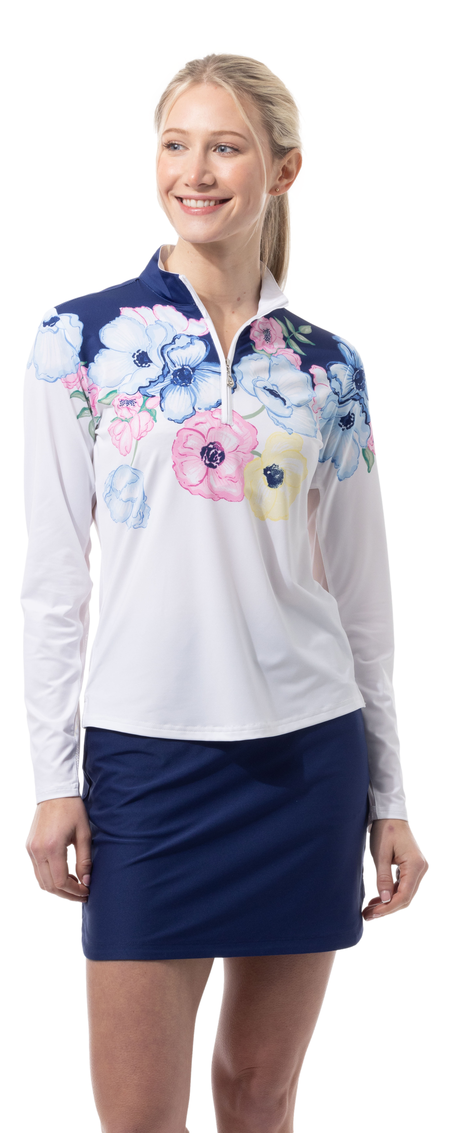 SOLCOOL 1/4 ZIP MOCK. POPPY PATCH. BLUE. 900463 - SanSoleil