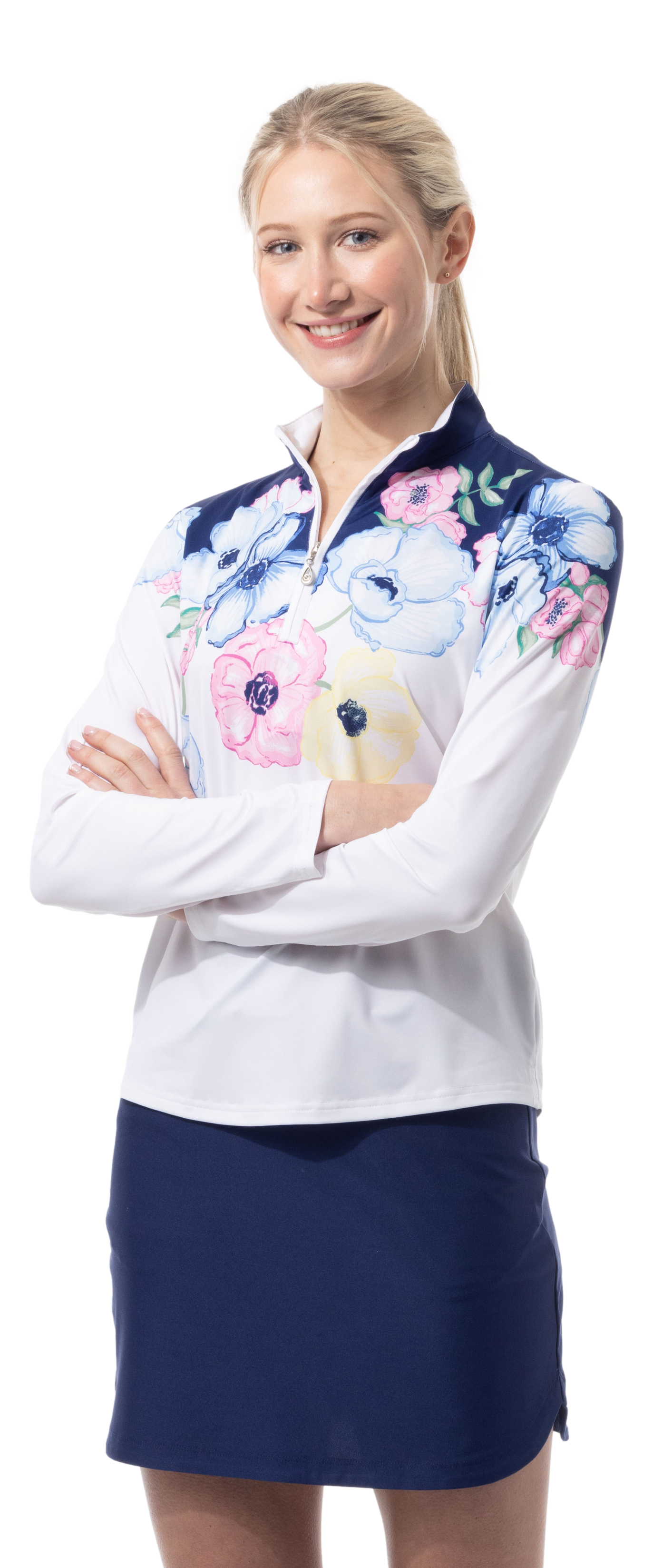 SOLCOOL 1/4 ZIP MOCK. POPPY PATCH. BLUE. 900463 - SanSoleil