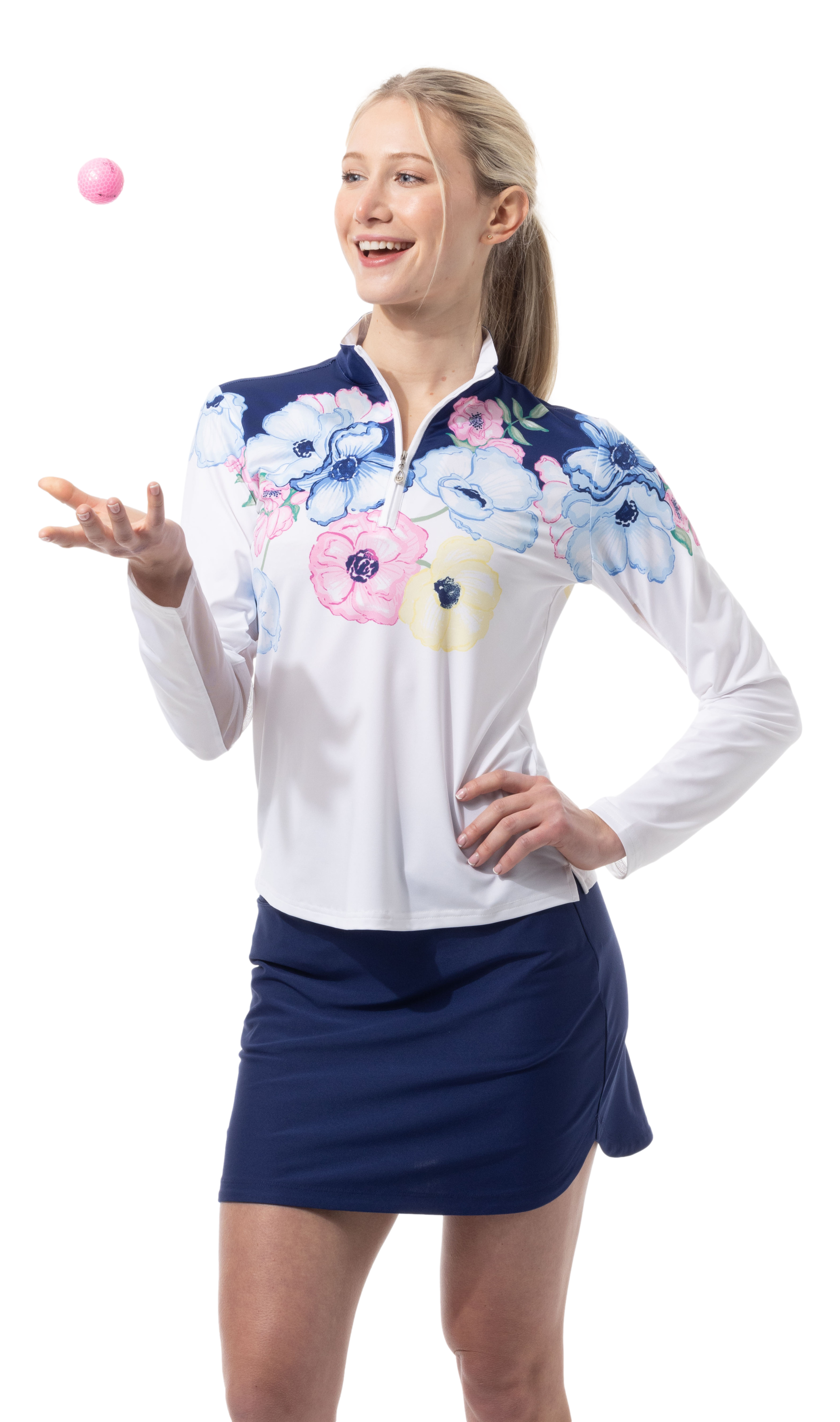 SOLCOOL 1/4 ZIP MOCK. POPPY PATCH. BLUE. 900463 - SanSoleil