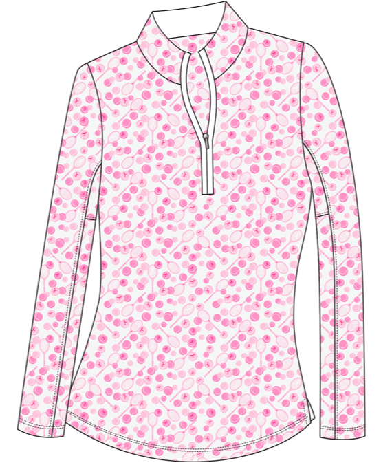 Pink Tennis Ball and Racquet shirt with Play for Pink Motif.