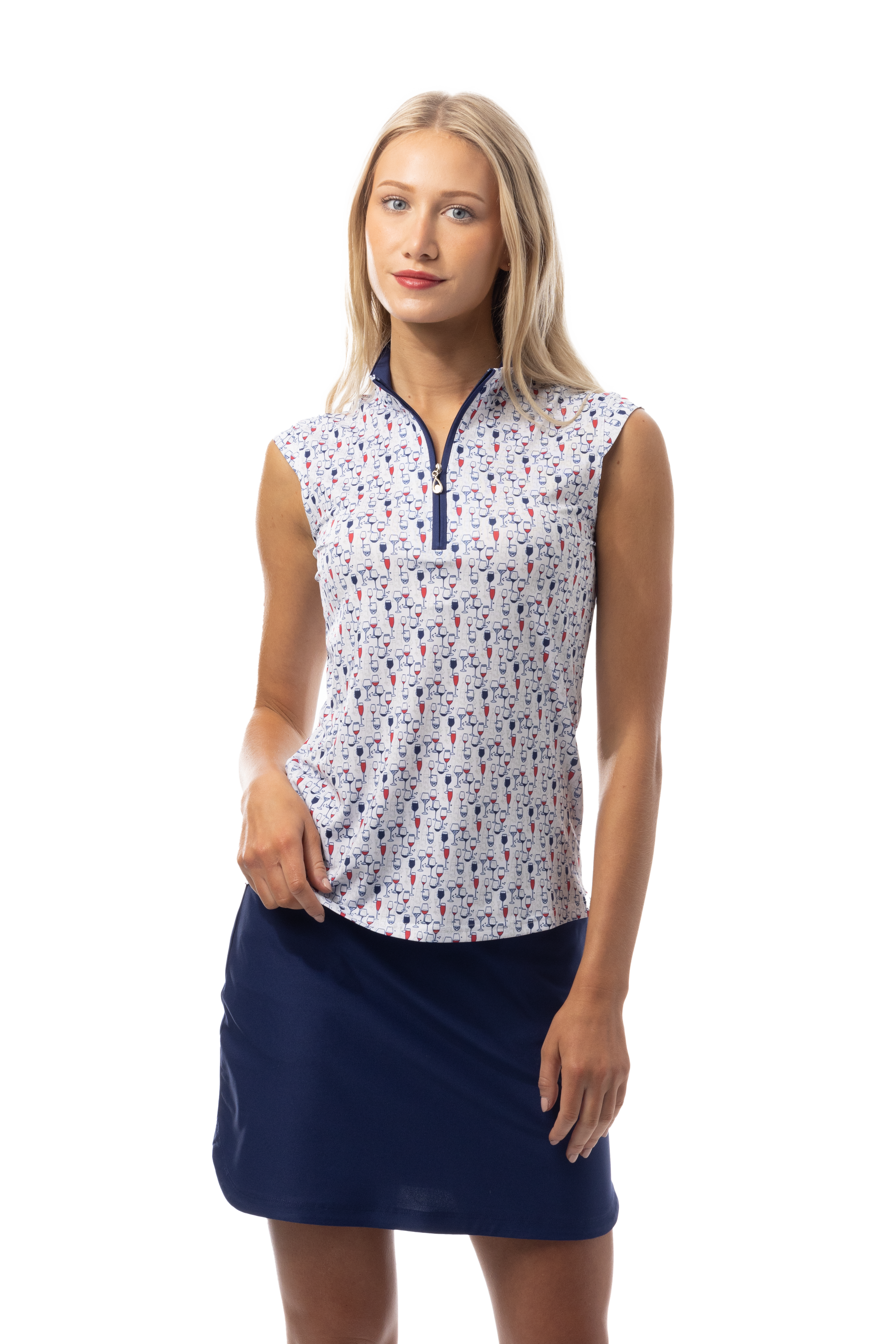 SANSOLEIL 1/4 ZIP SLEEVELESS MOCK. RED WINE BLUE. 900471 - SanSoleil