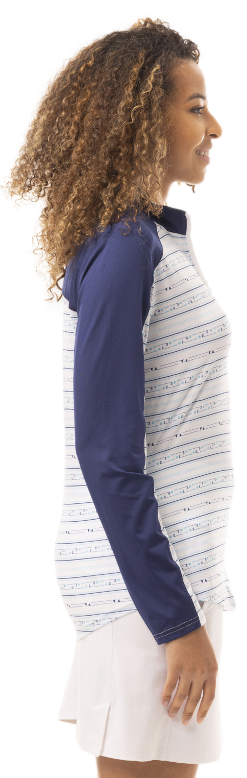 SOLCOOL PRINT TRIM MOCK WITH BACK VENT. LINEUP. NAVY. 900475 - SanSoleil