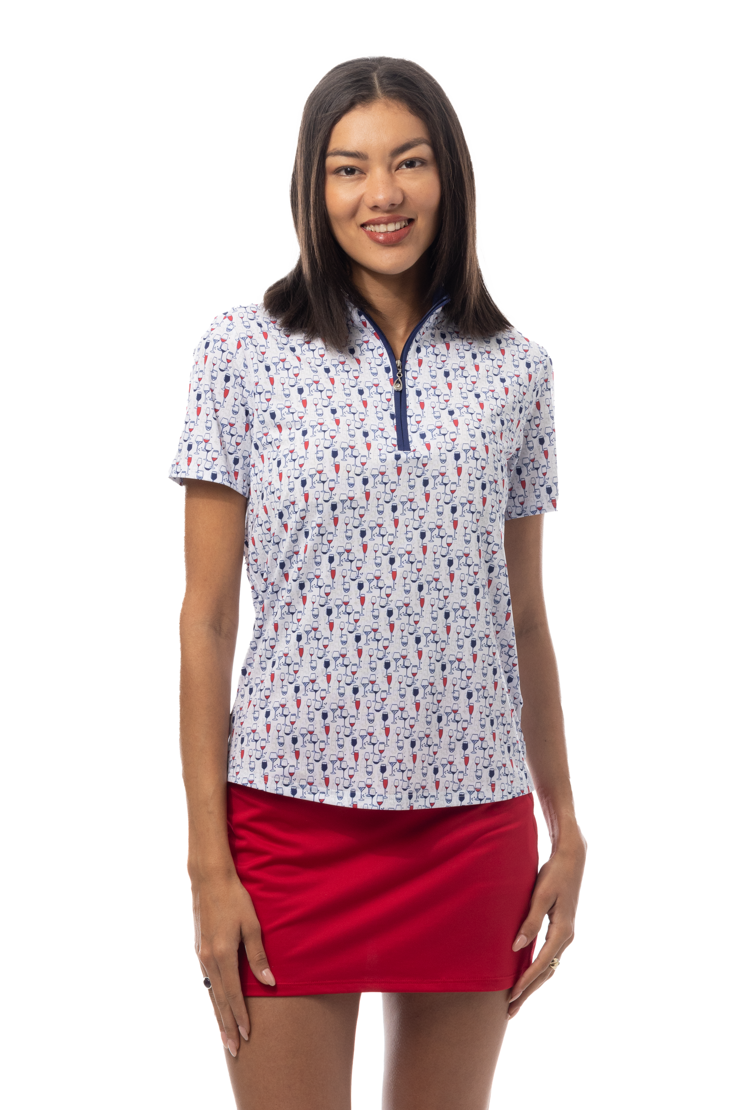 SANSOLEIL 1/4 ZIP SHORT SLEEVE MOCK . RED WINE AND BLUE. 900478 - SanSoleil