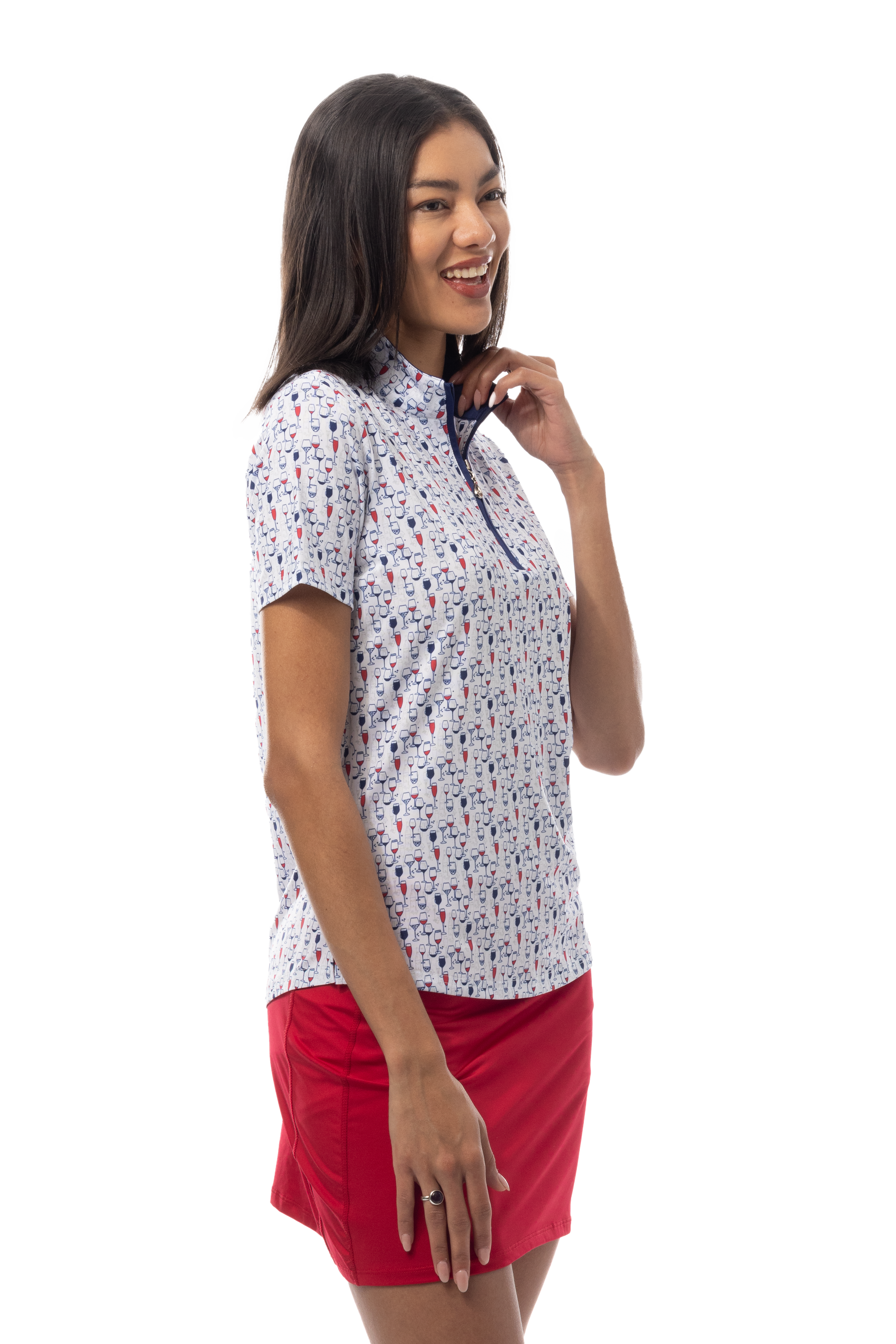 SANSOLEIL 1/4 ZIP SHORT SLEEVE MOCK . RED WINE AND BLUE. 900478 - SanSoleil