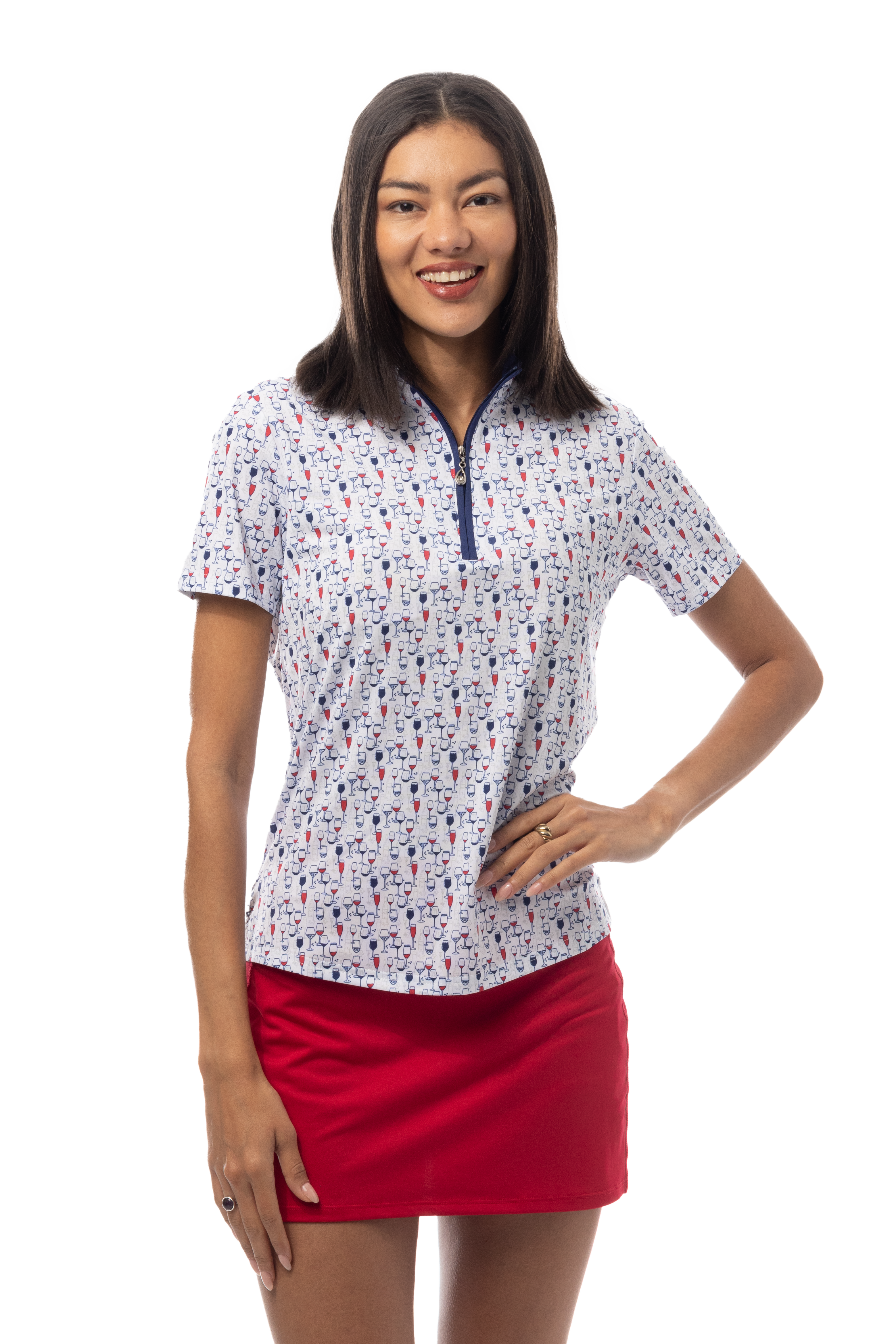 SANSOLEIL 1/4 ZIP SHORT SLEEVE MOCK . RED WINE AND BLUE. 900478 - SanSoleil