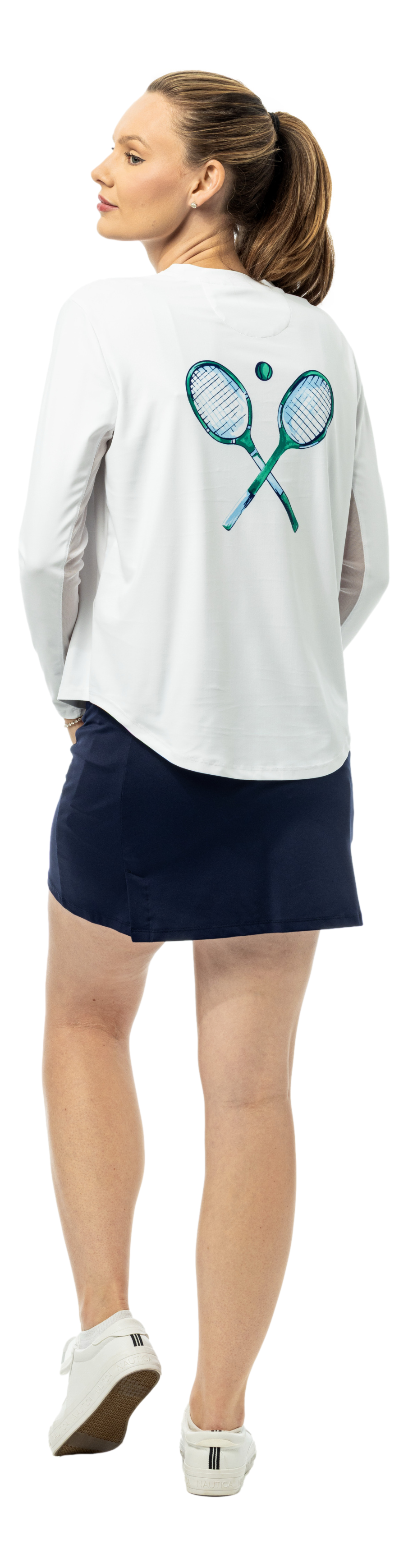 SanSoleil Sunglow Relaxed Drop-Tail Tee in green navy with a print design, long sleeve, casual style.