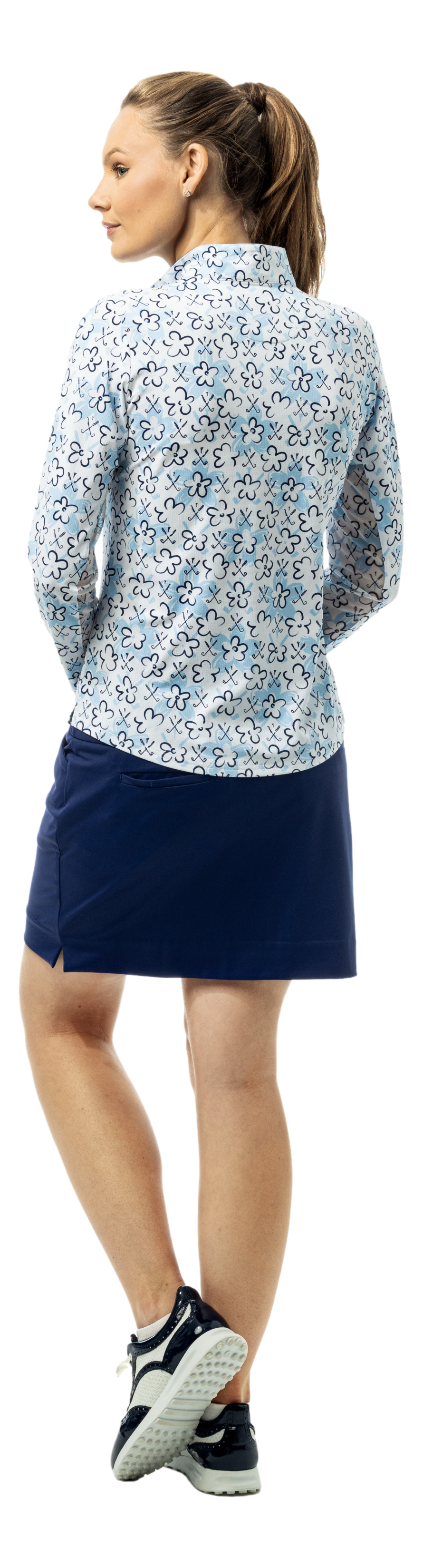 SanSoleil SOLTEK LUX long sleeve print shirt with blue Fairway Flowers design, featuring vibrant floral pattern and comfortable fit.