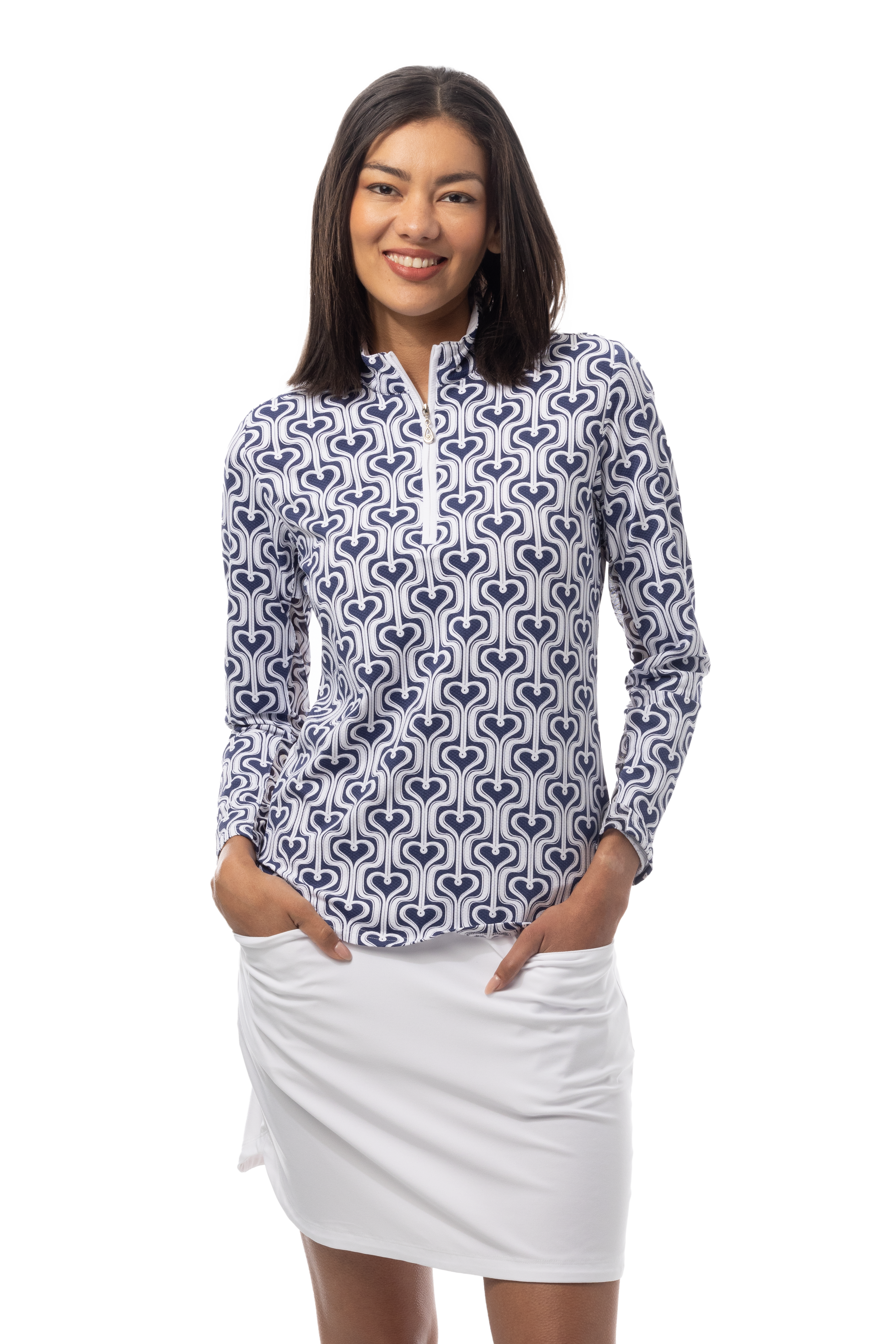 SANSOLEIL 1/4 ZIP PRINT MOCK. HEARTSTRINGS. NAVY. 900621 - SanSoleil