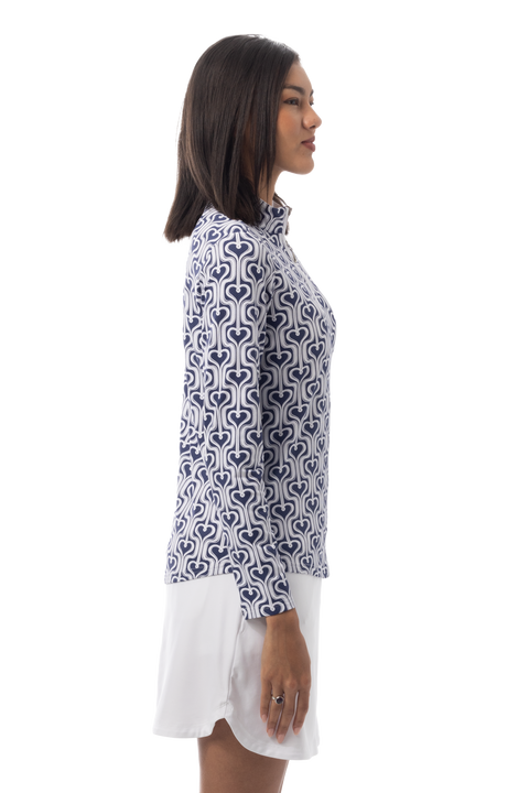 SANSOLEIL 1/4 ZIP PRINT MOCK. HEARTSTRINGS. NAVY. 900621