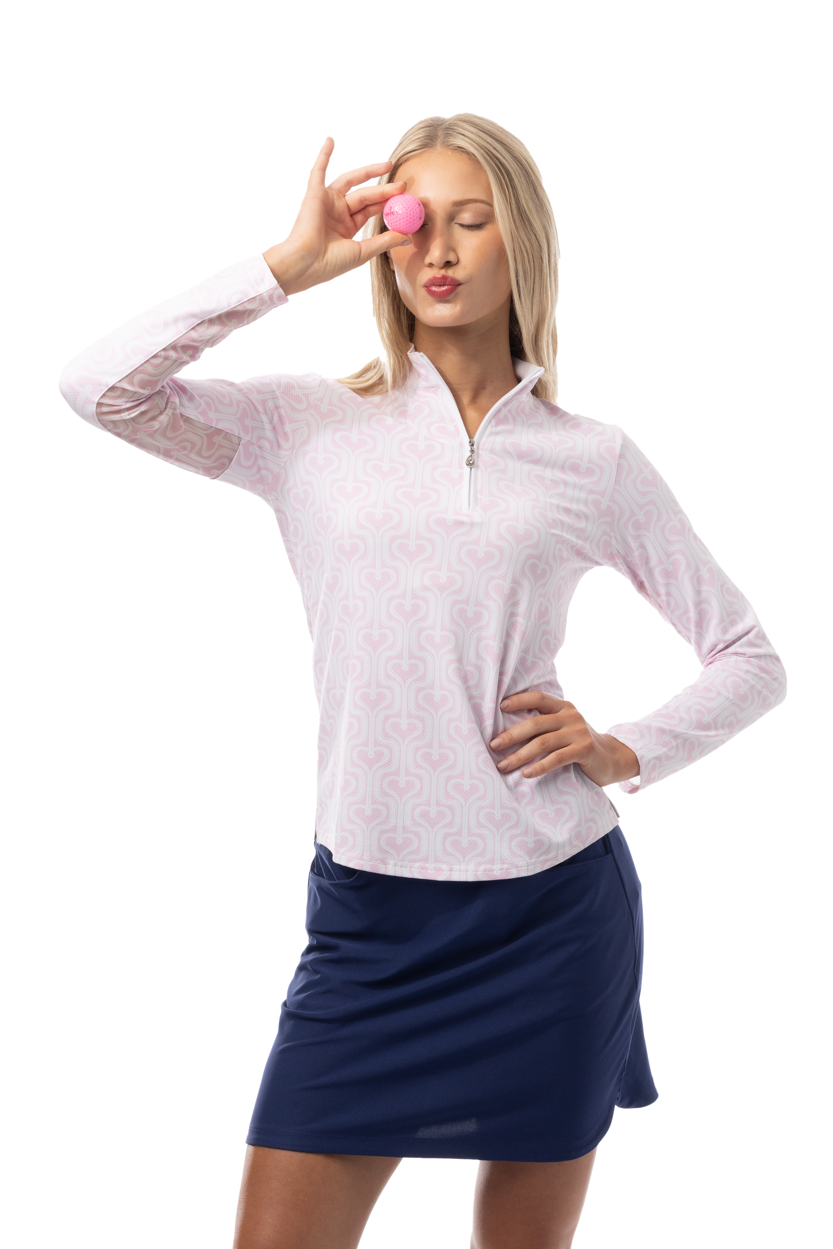 SANSOLEIL 1/4 ZIP PRINT MOCK. HEARTSTRINGS. PINK. 900621 - SanSoleil