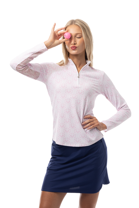 SANSOLEIL 1/4 ZIP PRINT MOCK. HEARTSTRINGS. PINK. 900621