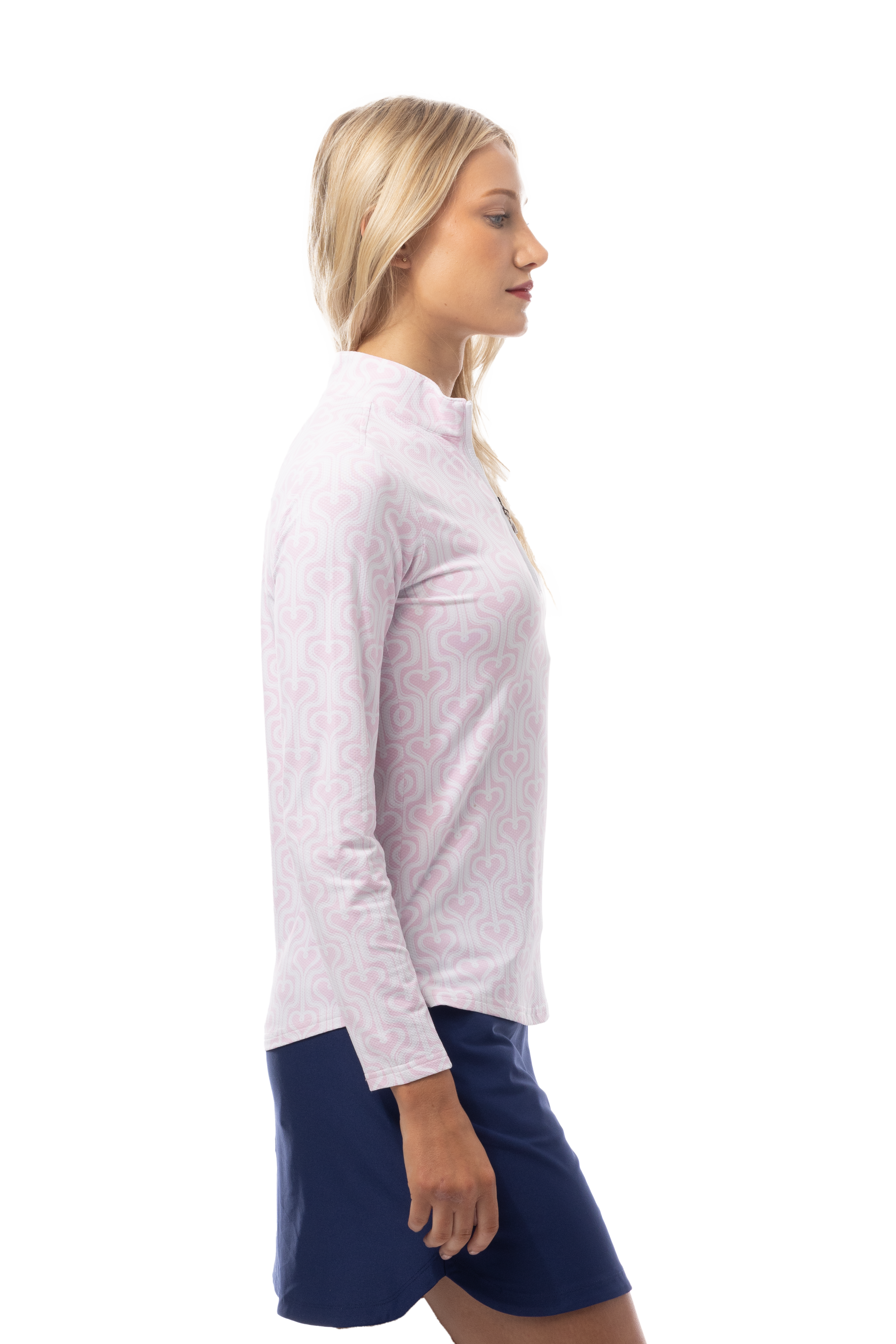 SANSOLEIL 1/4 ZIP PRINT MOCK. HEARTSTRINGS. PINK. 900621 - SanSoleil