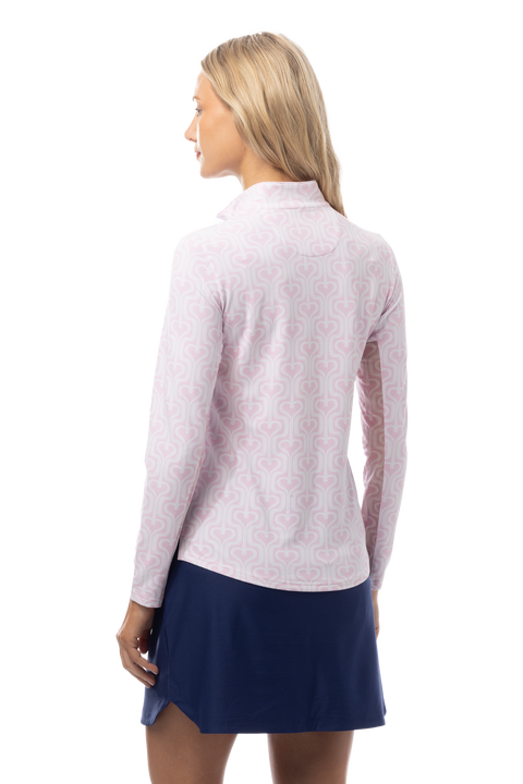 SANSOLEIL 1/4 ZIP PRINT MOCK. HEARTSTRINGS. PINK. 900621