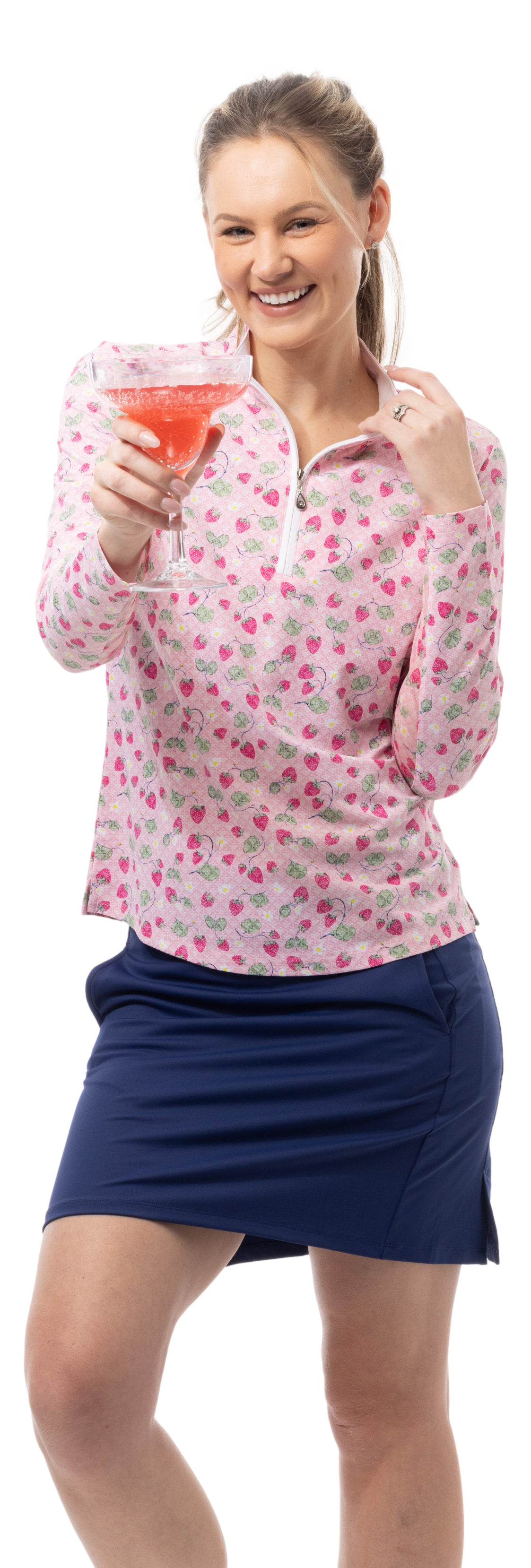 SanSoleil Drink and strawberry print top. Pink and Green