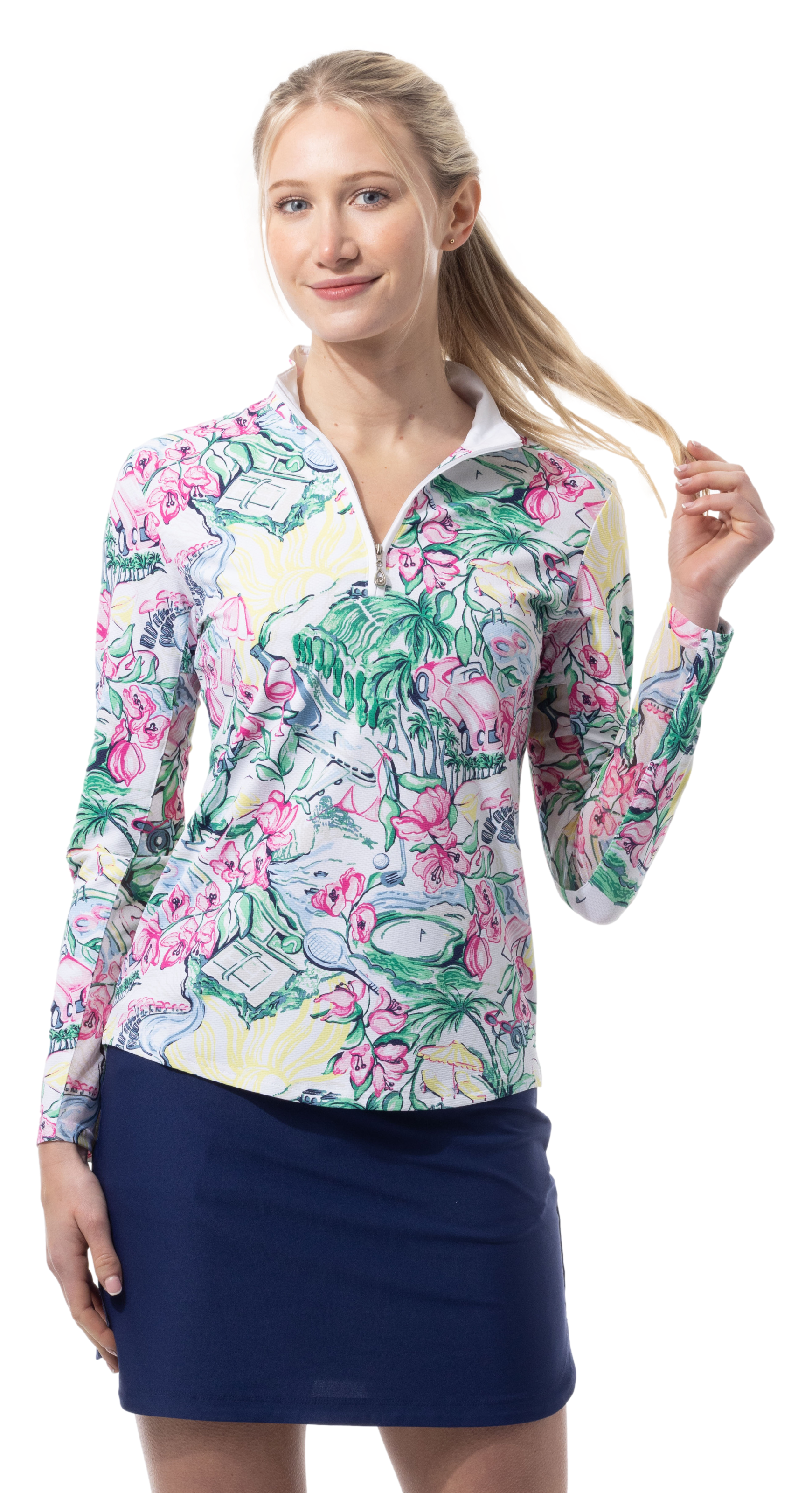 SANSOLEIL 1/4 ZIP PRINT MOCK. GIRLS TRIP. MULTI. 900621 - SanSoleil