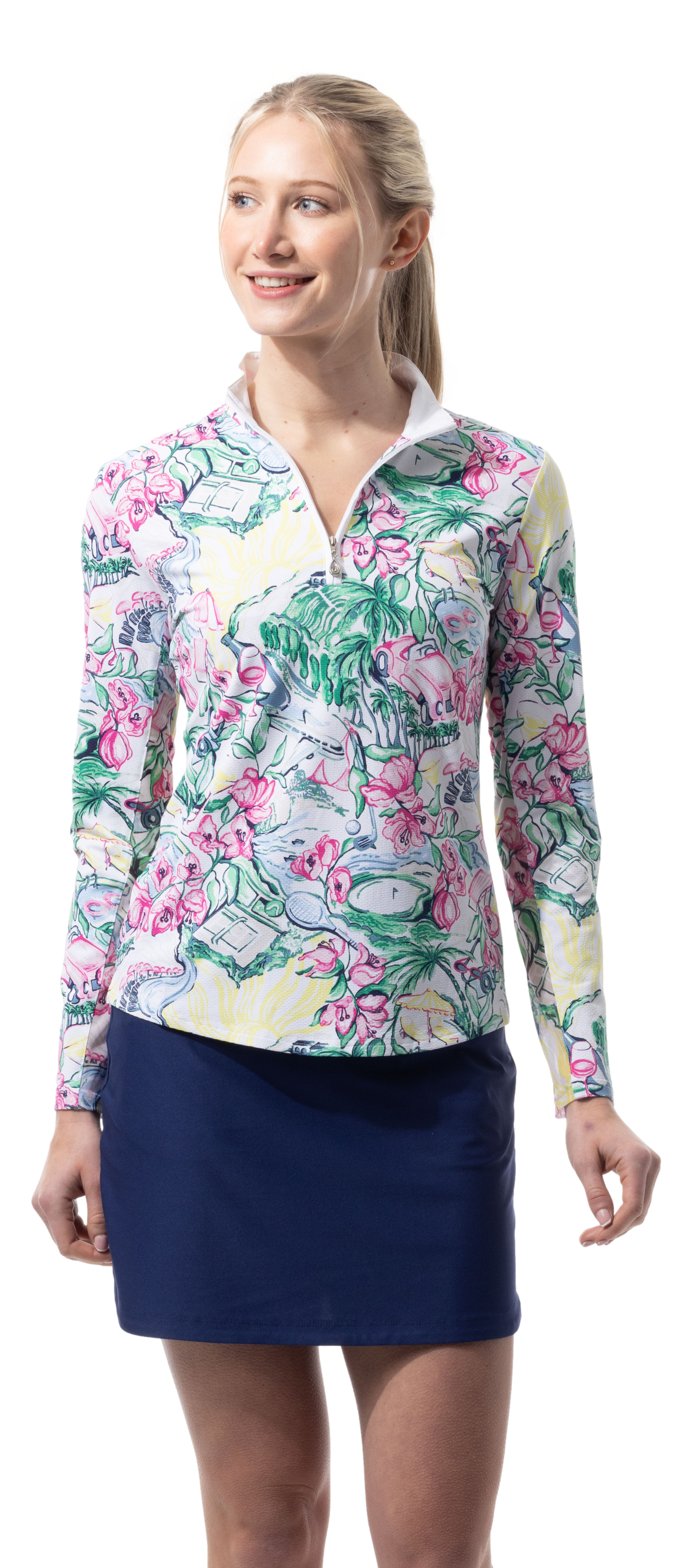 SANSOLEIL 1/4 ZIP PRINT MOCK. GIRLS TRIP. MULTI. 900621 - SanSoleil