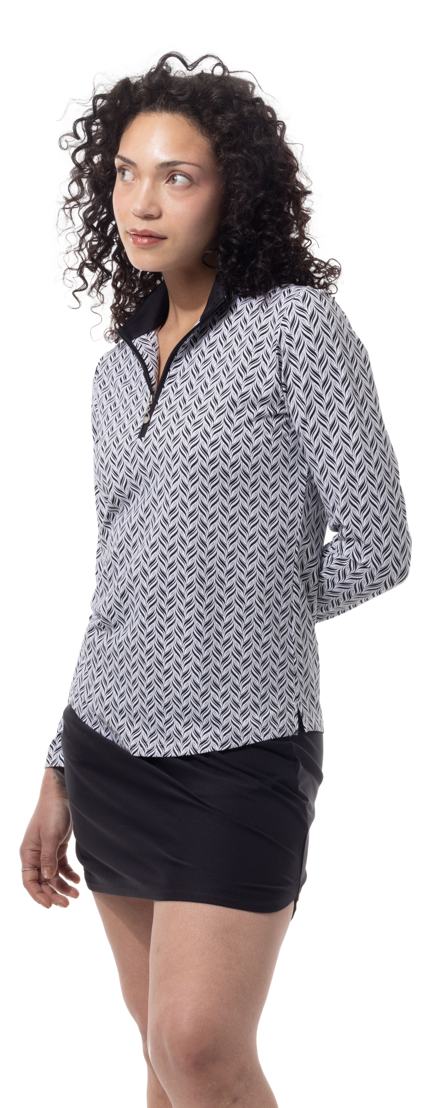 SANSOLEIL 1/4 ZIP PRINT MOCK. WAVERLY. BLACK. 900621 - SanSoleil