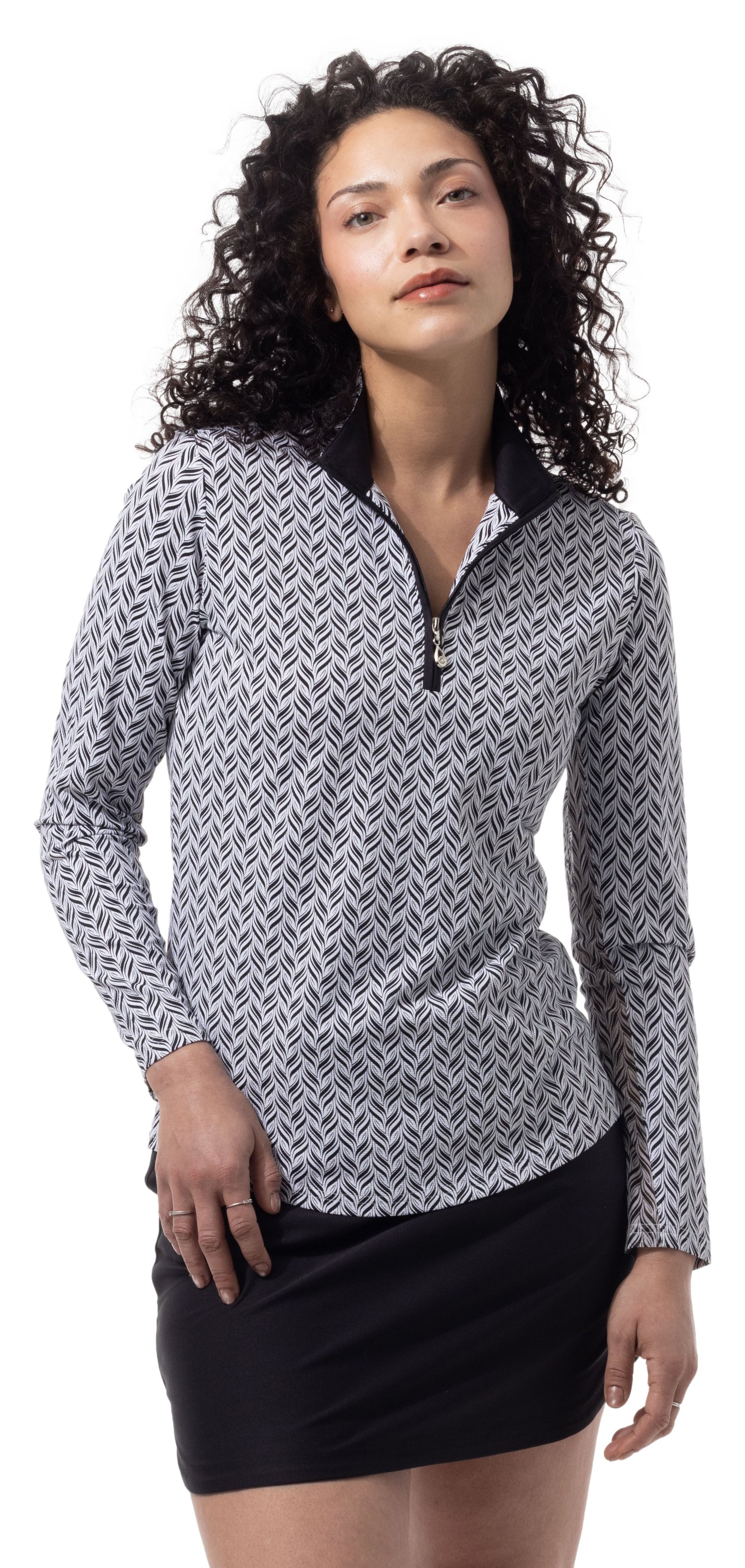 SANSOLEIL 1/4 ZIP PRINT MOCK. WAVERLY. BLACK. 900621 - SanSoleil