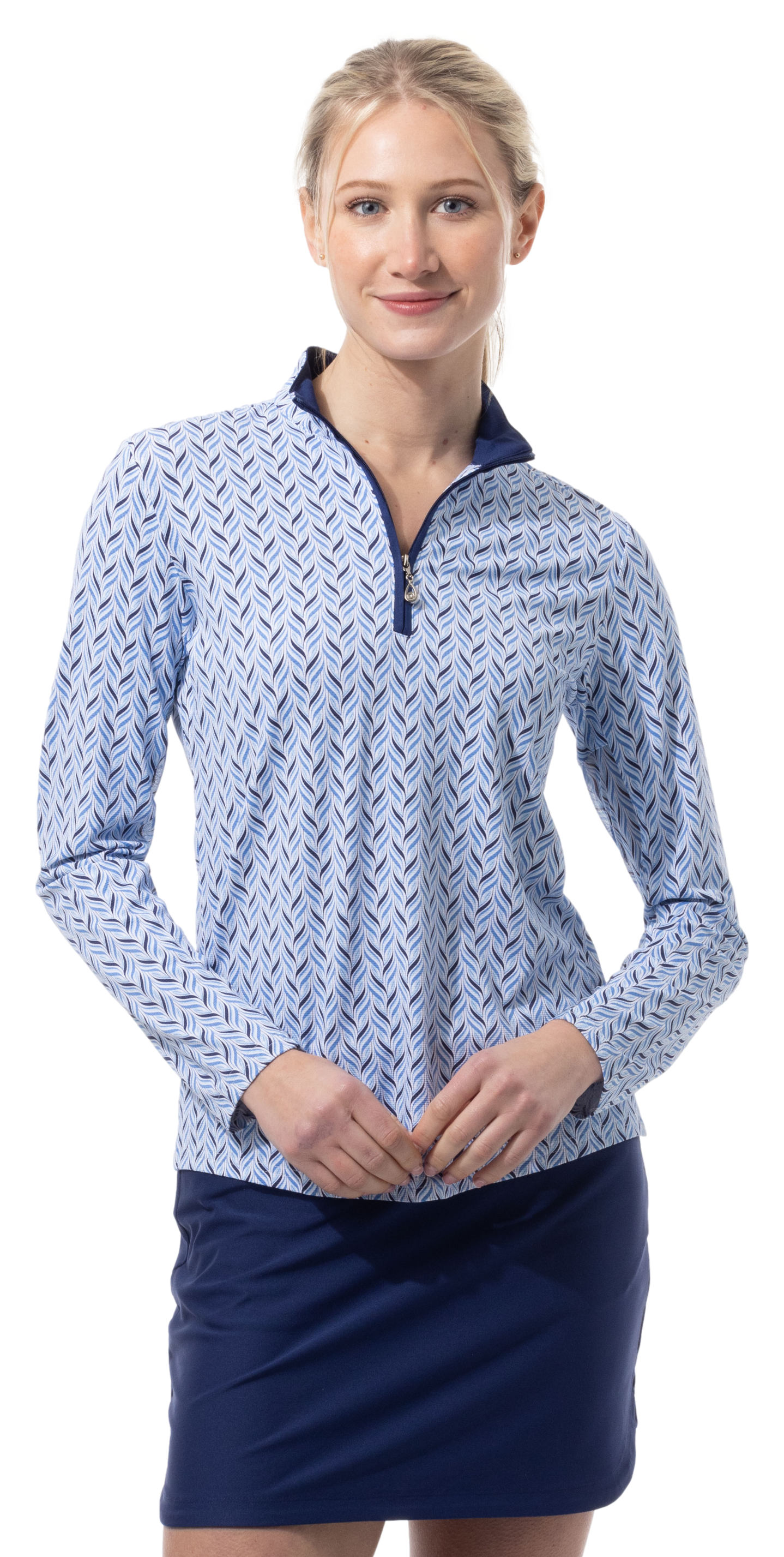 SANSOLEIL 1/4 ZIP PRINT MOCK. WAVERLY. NAVY. 900621 - SanSoleil