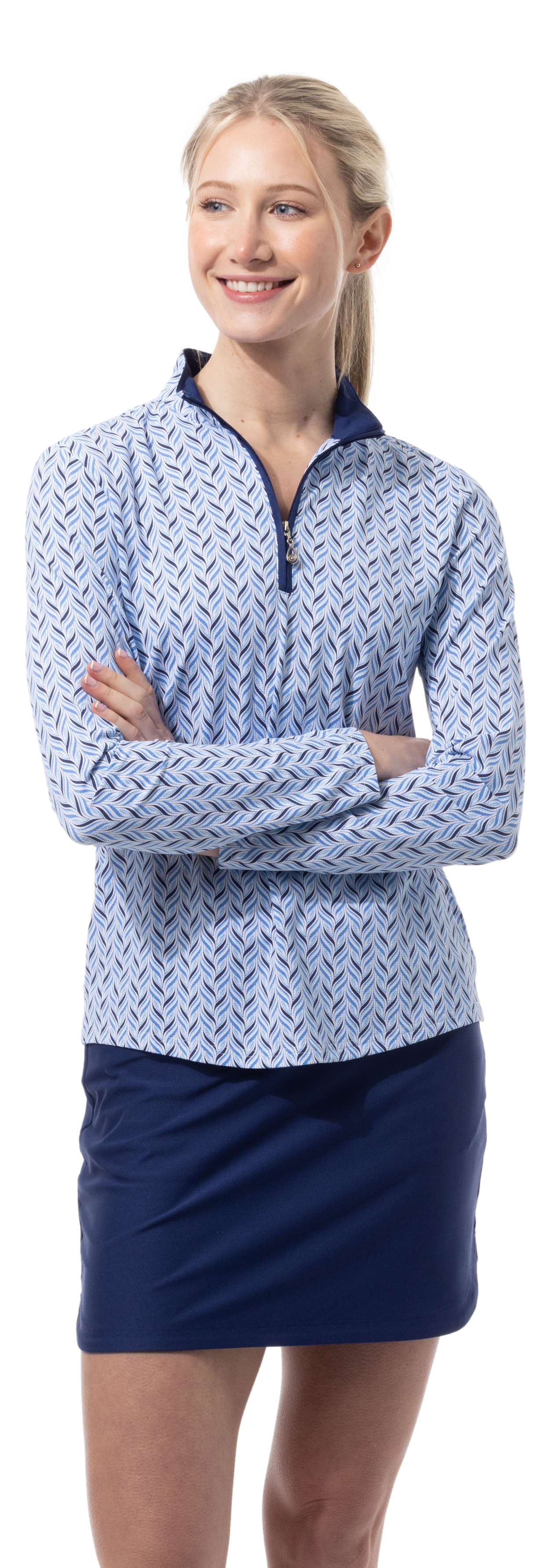 SANSOLEIL 1/4 ZIP PRINT MOCK. WAVERLY. NAVY. 900621 - SanSoleil