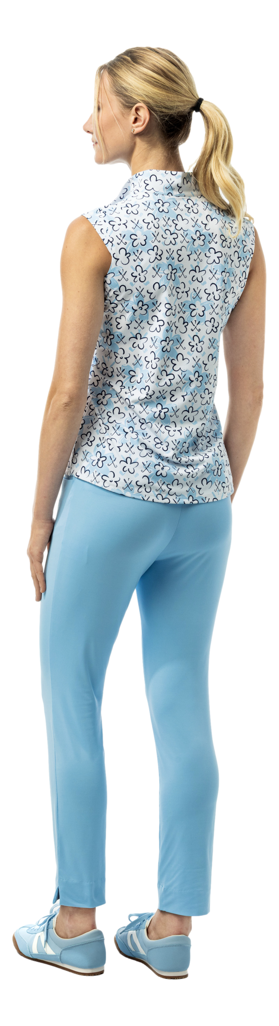 SanSoleil SolTek LUX 1/4 zip sleeveless shirt with blue Fairway Flowers print, featuring short sleeve design and vibrant floral pattern.
