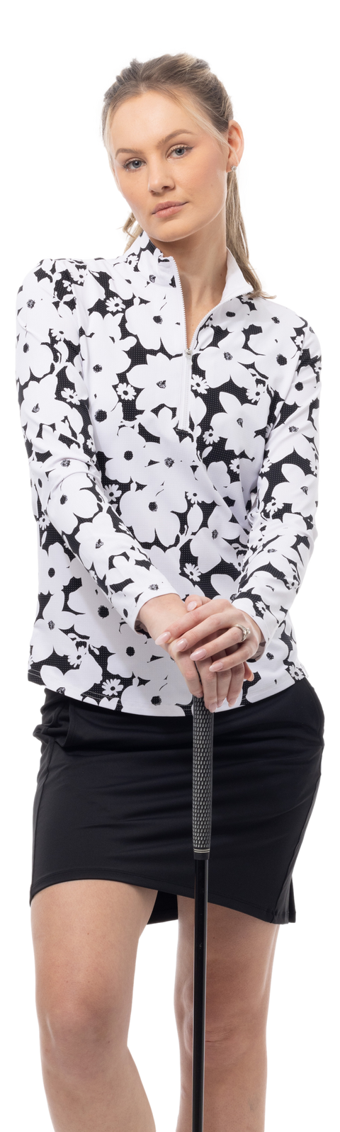 SOLAIR COOL ULTRA-MESH ZIP MOCK. MAGNOLIA. BLACK. 900653 - SanSoleil