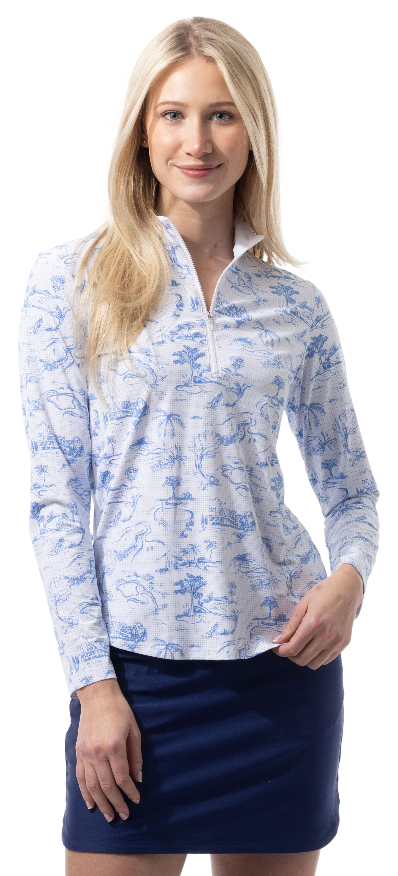 SANSOLEIL COOL ULTRA-MESH ZIP MOCK. TOILE DE GOLF. CORNFLOWER. 900653 - SanSoleil