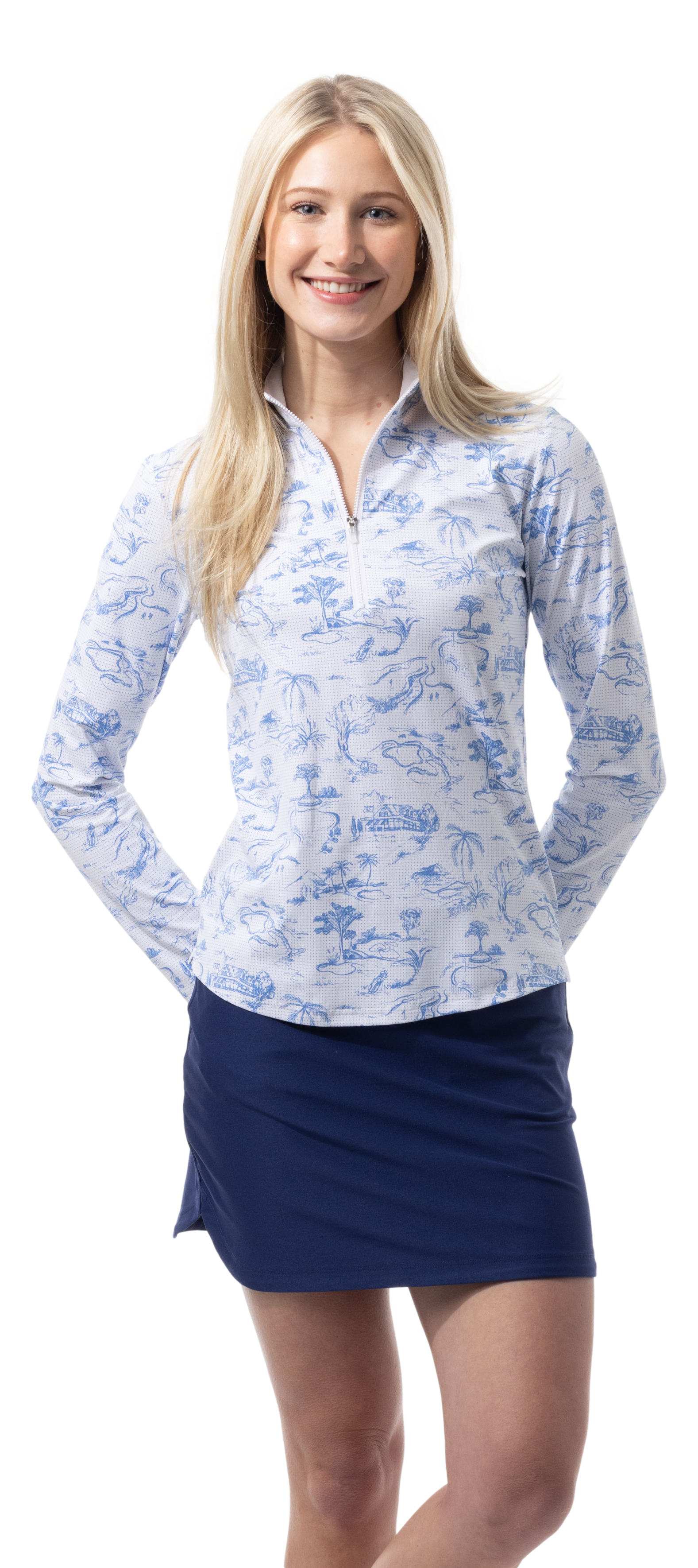 SANSOLEIL COOL ULTRA-MESH ZIP MOCK. TOILE DE GOLF. CORNFLOWER. 900653 - SanSoleil