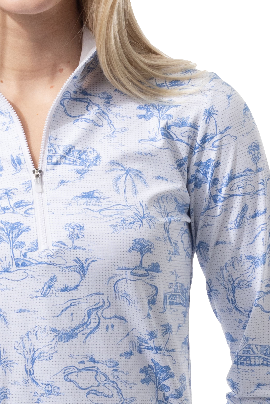 SANSOLEIL COOL ULTRA-MESH ZIP MOCK. TOILE DE GOLF. CORNFLOWER. 900653 - SanSoleil