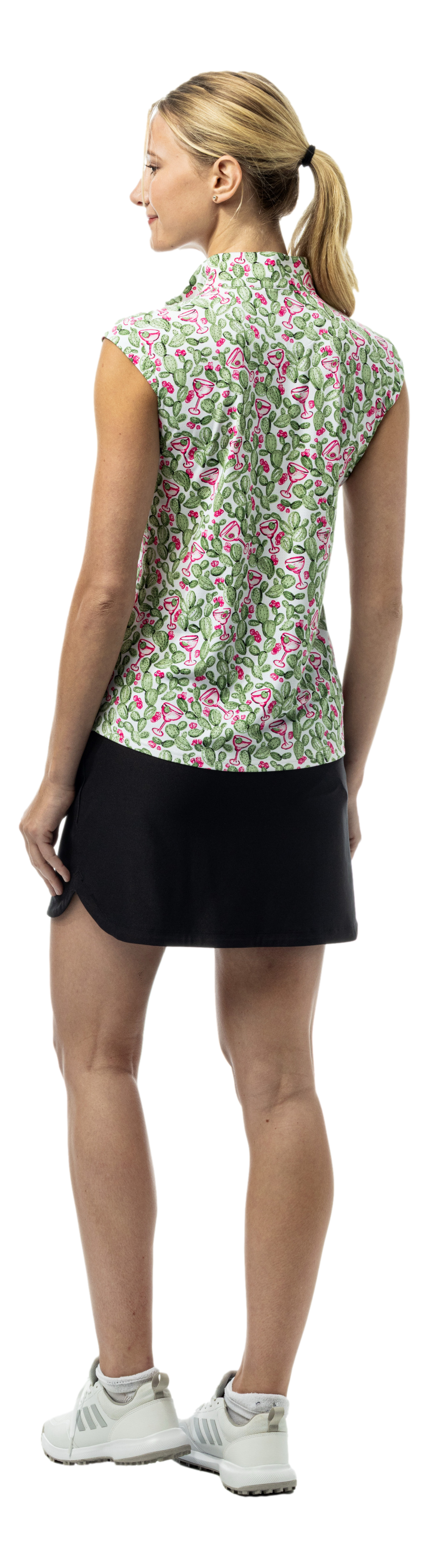 SanSoleil SOLAIR Cool Ultra-Mesh sleeveless mock top with prickly pear and margarita print, lightweight and breathable fabric.
