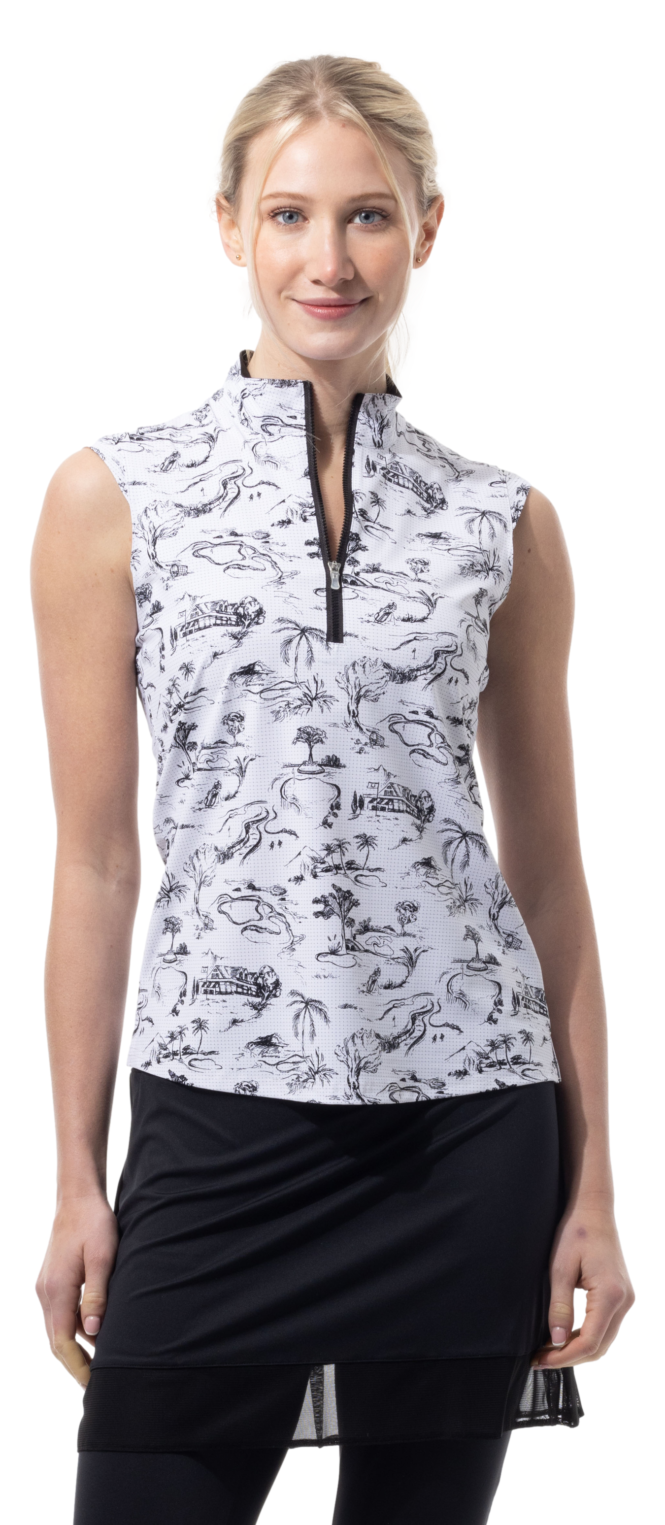 SANSOLEIL COOL ULTRA-MESH ZIP SLEEVELESS MOCK. TOILE DE GOLF. BLACK. 900654 - SanSoleil