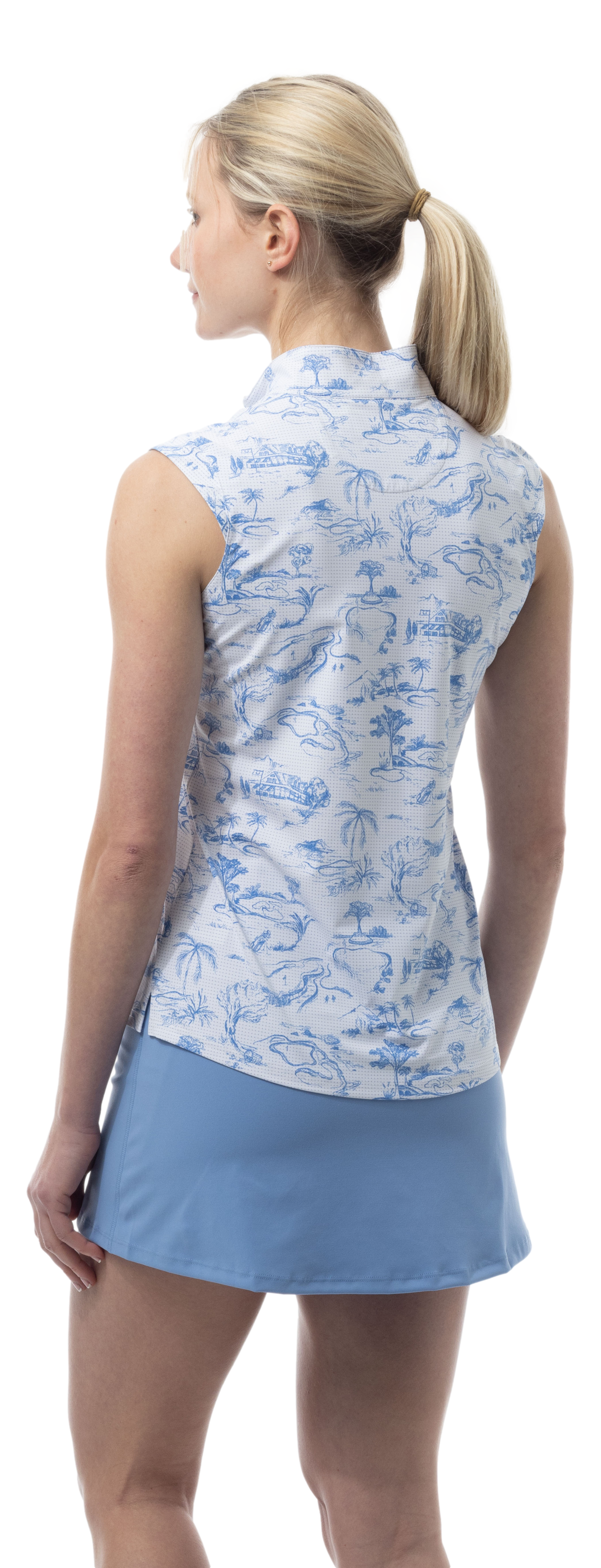 SANSOLEIL COOL ULTRA-MESH ZIP SLEEVELESS MOCK. TOILE DE GOLF. CORNFLOWER. 900654 - SanSoleil