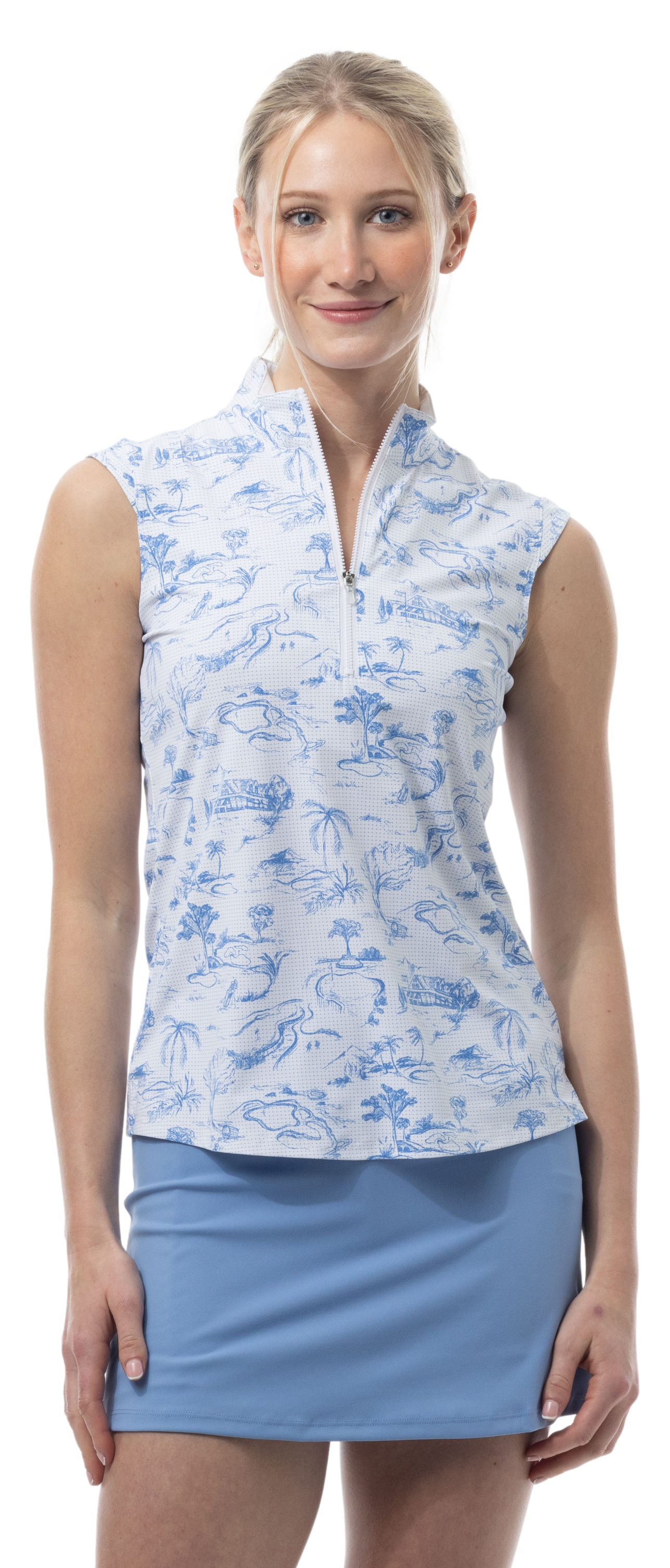 SANSOLEIL COOL ULTRA-MESH ZIP SLEEVELESS MOCK. TOILE DE GOLF. CORNFLOWER. 900654 - SanSoleil