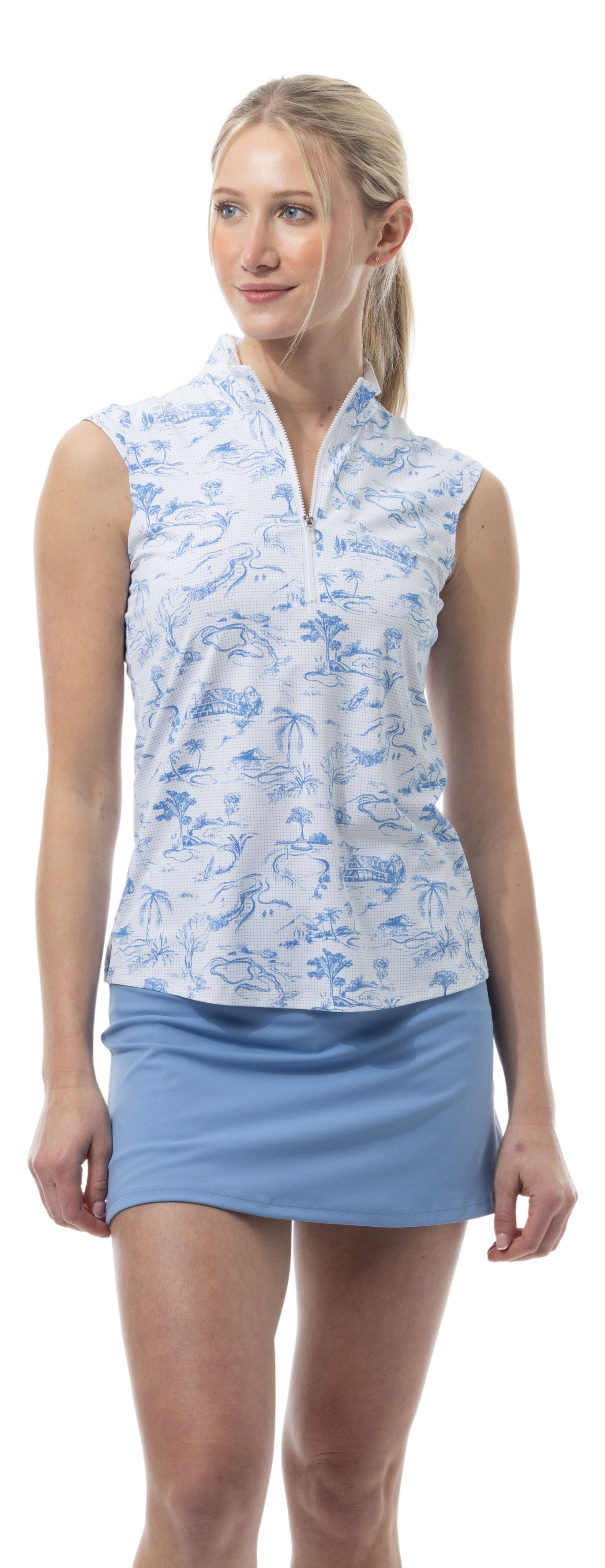 SANSOLEIL COOL ULTRA-MESH ZIP SLEEVELESS MOCK. TOILE DE GOLF. CORNFLOWER. 900654 - SanSoleil