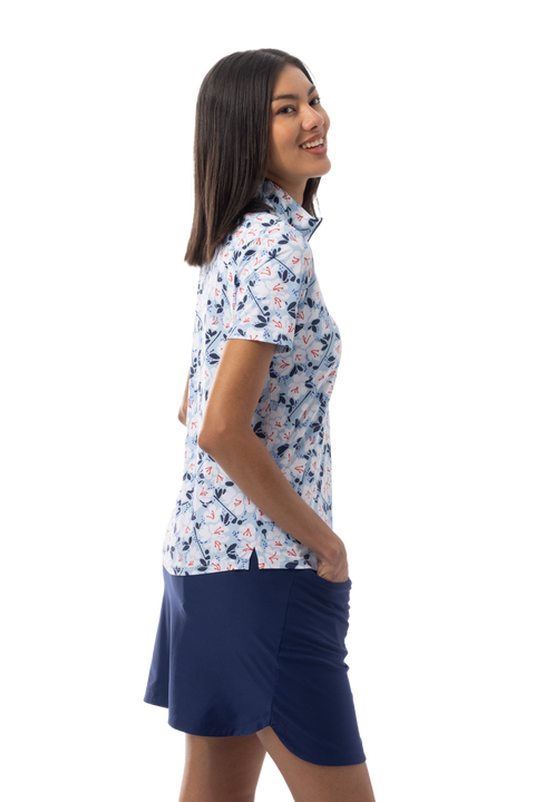 SANSOLEIL COOL ULTRA-MESH ZIP SHORT SLEEVE MOCK. PUTTERCUP. BLUE 900655