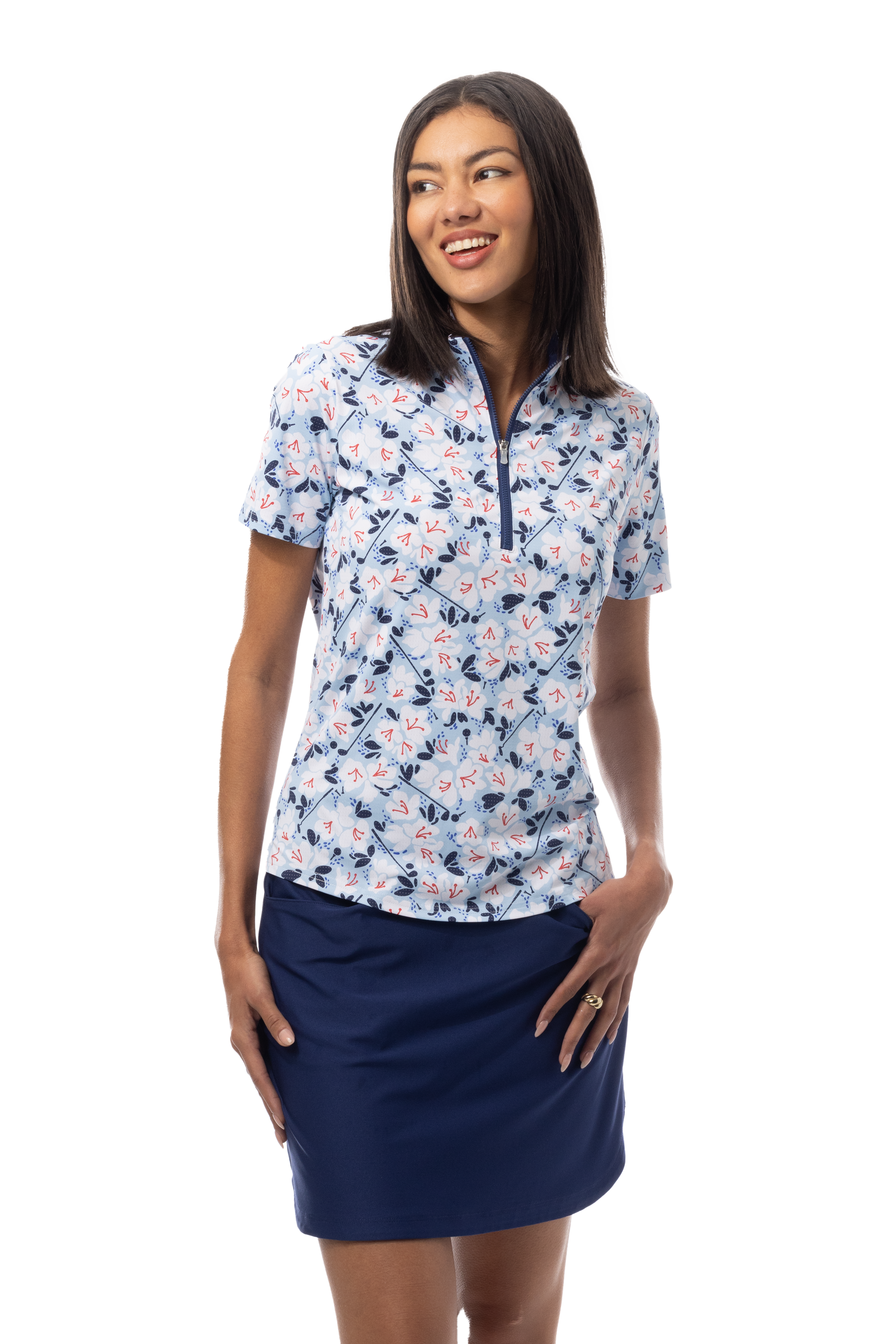 SANSOLEIL COOL ULTRA-MESH ZIP SHORT SLEEVE MOCK. PUTTERCUP. BLUE 900655 - SanSoleil