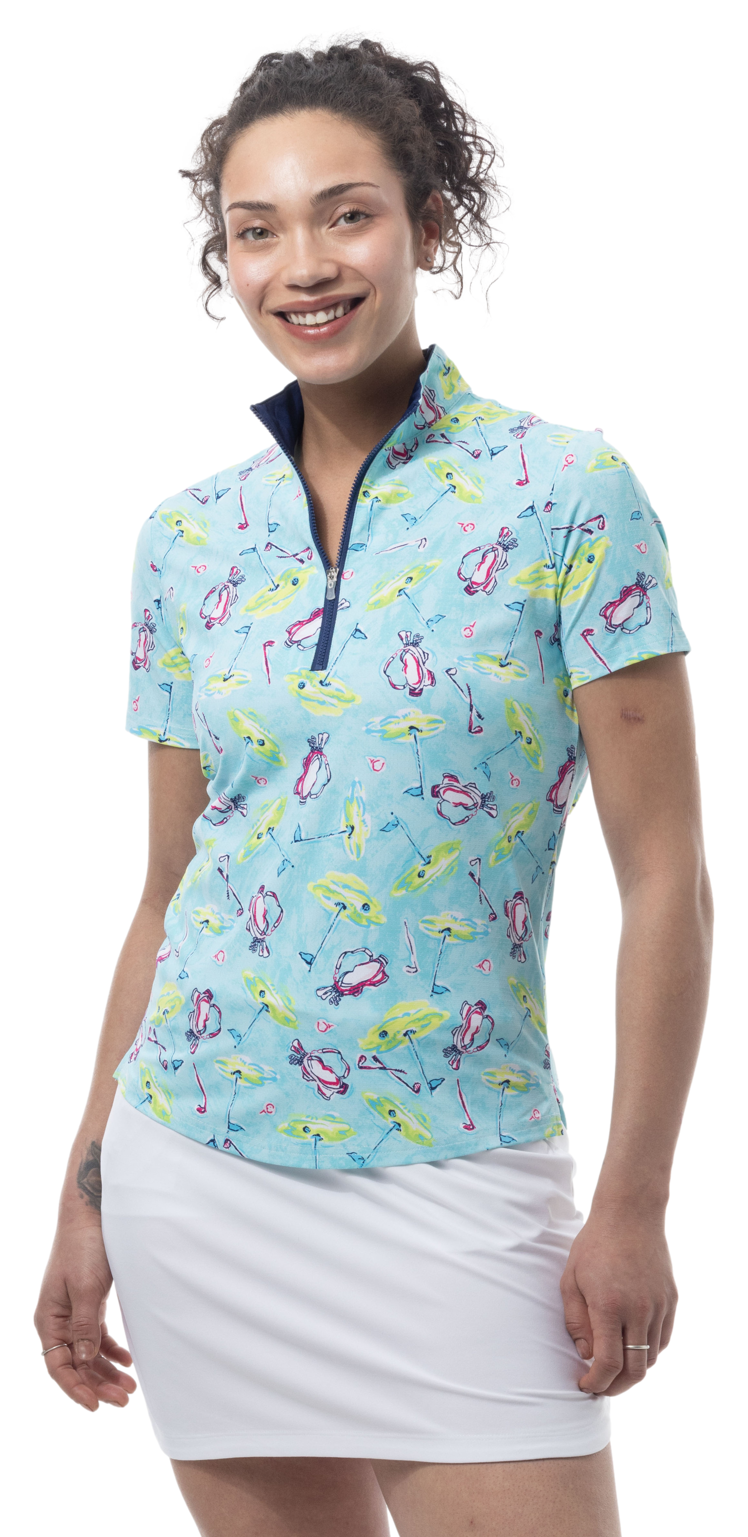 SANSOLEIL COOL ULTRA-MESH ZIP SHORT SLEEVE MOCK. FLAGS AND BAGS. 900655 - SanSoleil