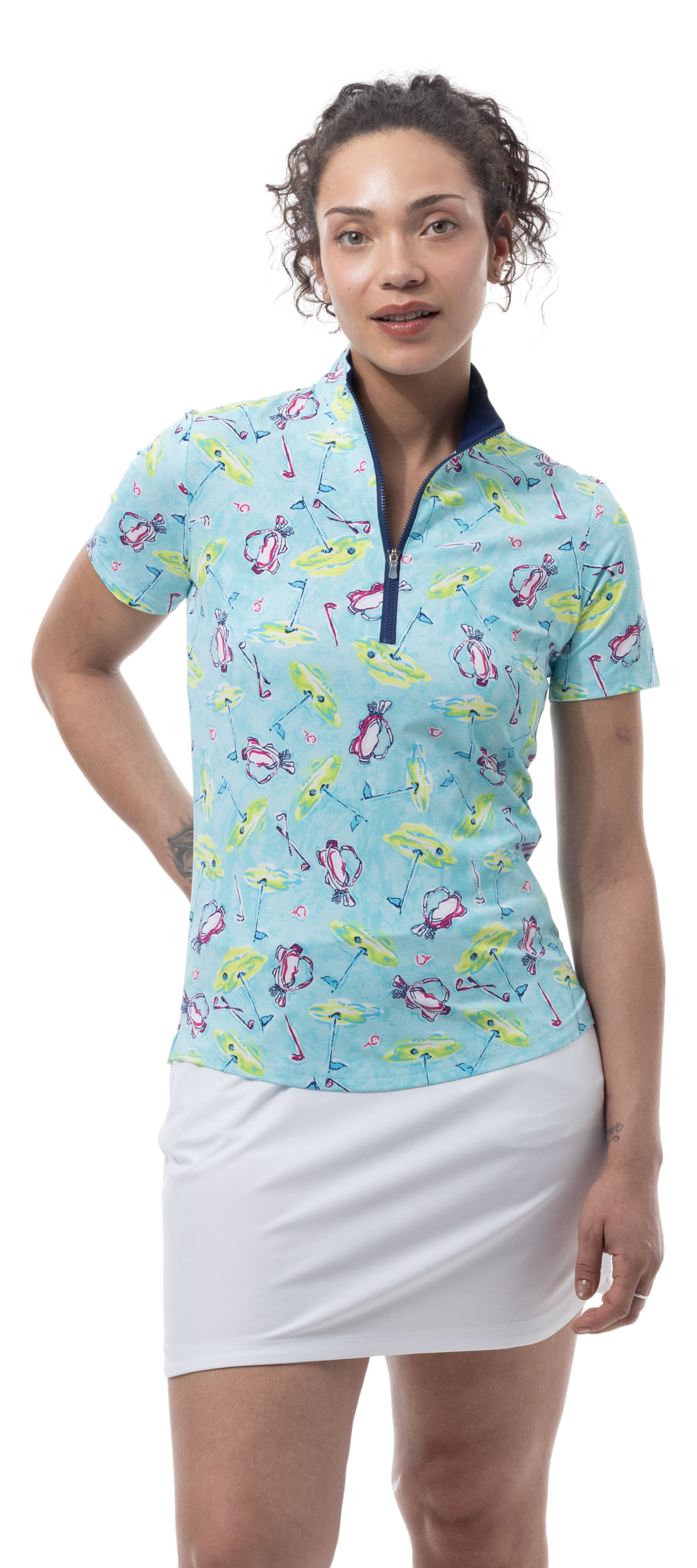 SANSOLEIL COOL ULTRA-MESH ZIP SHORT SLEEVE MOCK. FLAGS AND BAGS. 900655 - SanSoleil