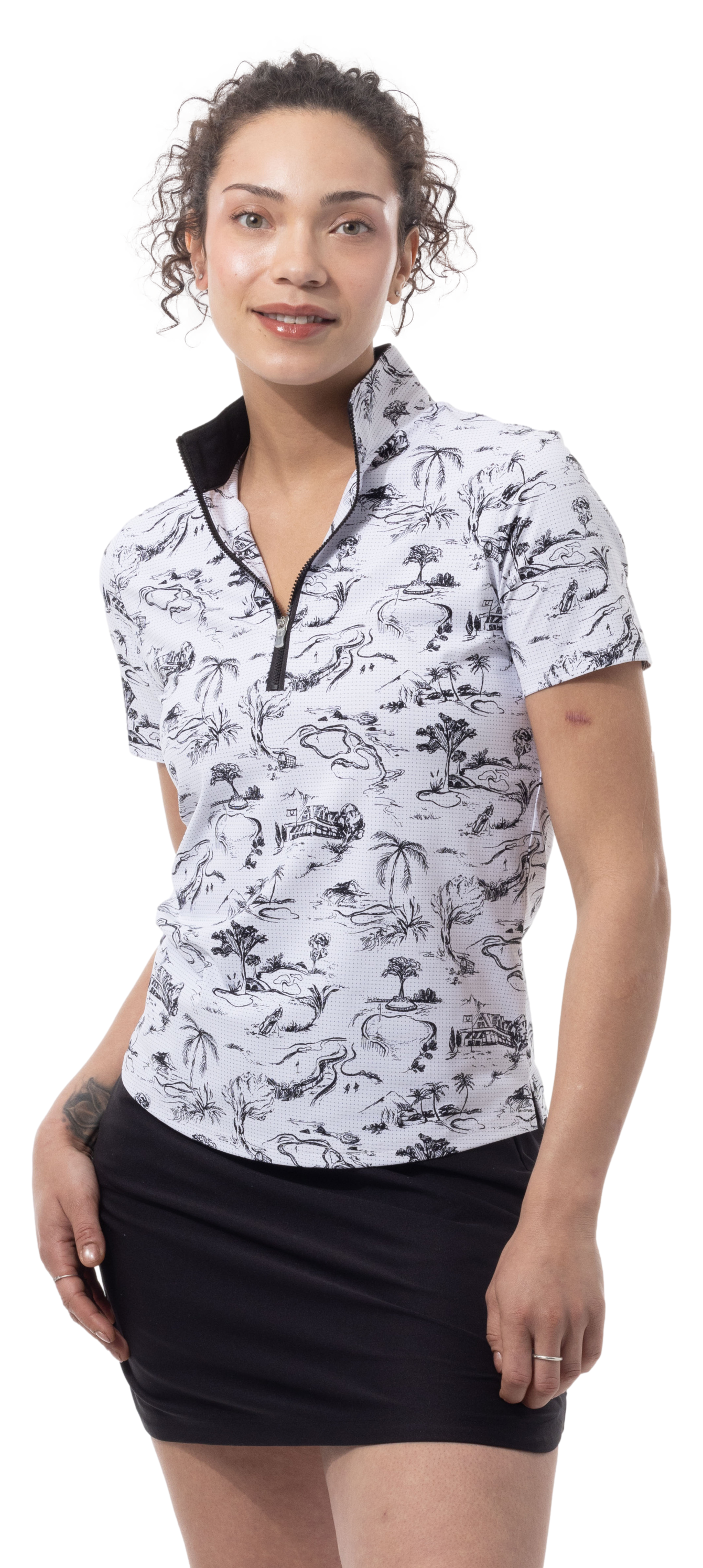 SANSOLEIL COOL ULTRA-MESH ZIP SHORT SLEEVE MOCK. TOILE DE GOLF. BLACK. 900655 - SanSoleil