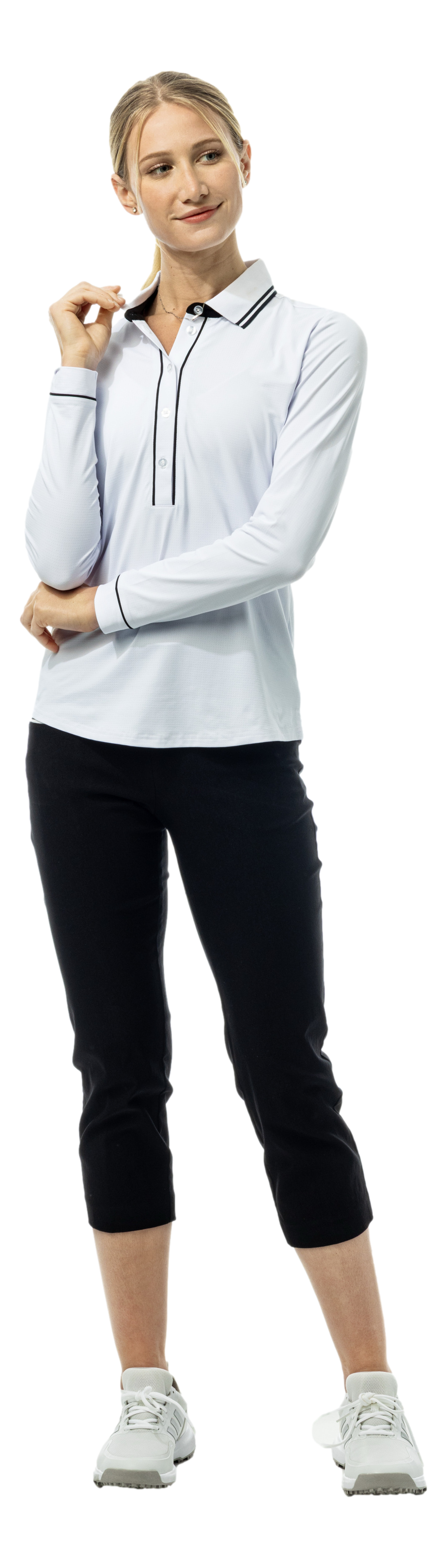 SanSoleil SOLAIR Cool Ultra-Mesh five-button placket polo shirt in white and black with long sleeves.