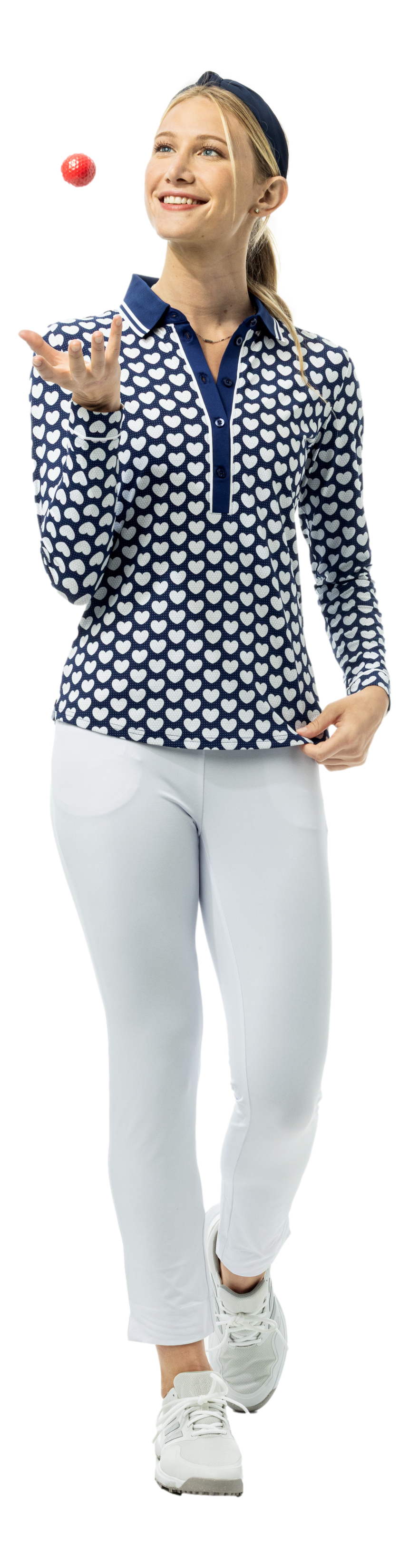 SanSoleil SOLAIR Cool Ultra-Mesh five-button placket print polo in navy with I Heart Golf logo, long sleeve, breathable fabric