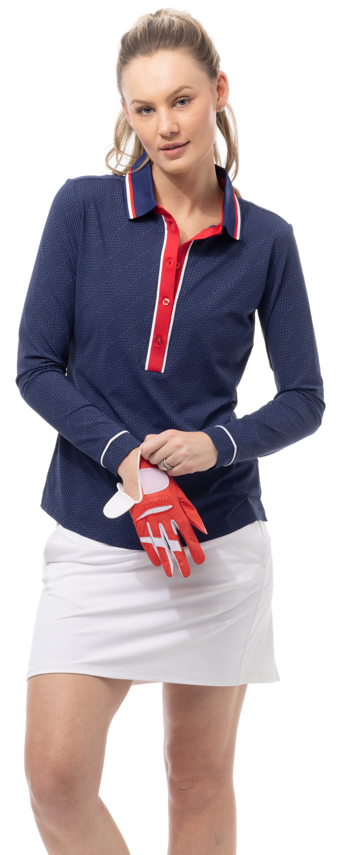 SOLAIRCOOL TIPPED FIVE-BUTTON PLACKET PRINT POLO. BETSY. NAVY. 900656P - SanSoleil