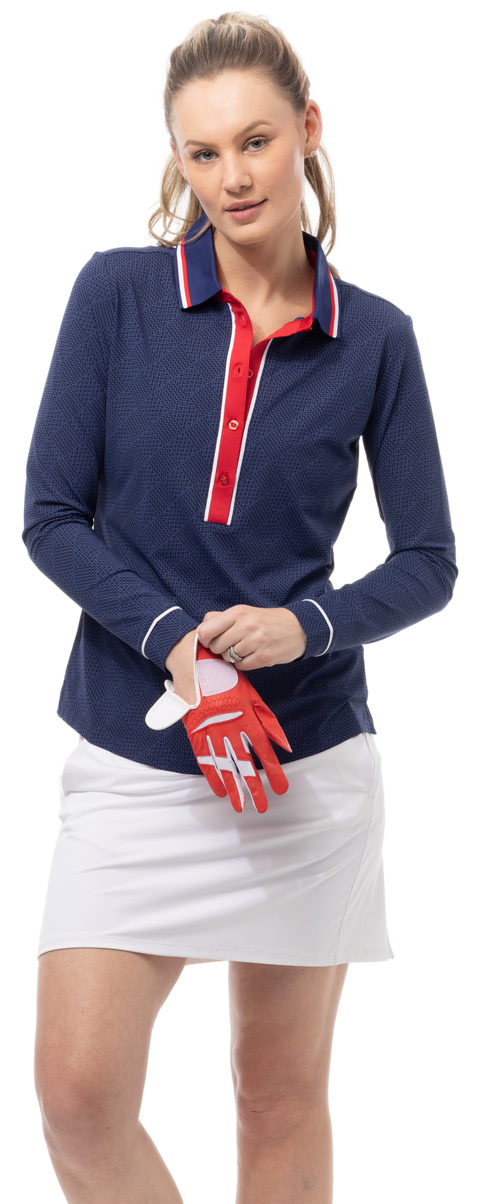 SOLAIRCOOL TIPPED FIVE-BUTTON PLACKET PRINT POLO. BETSY. NAVY. 900656P - SanSoleil