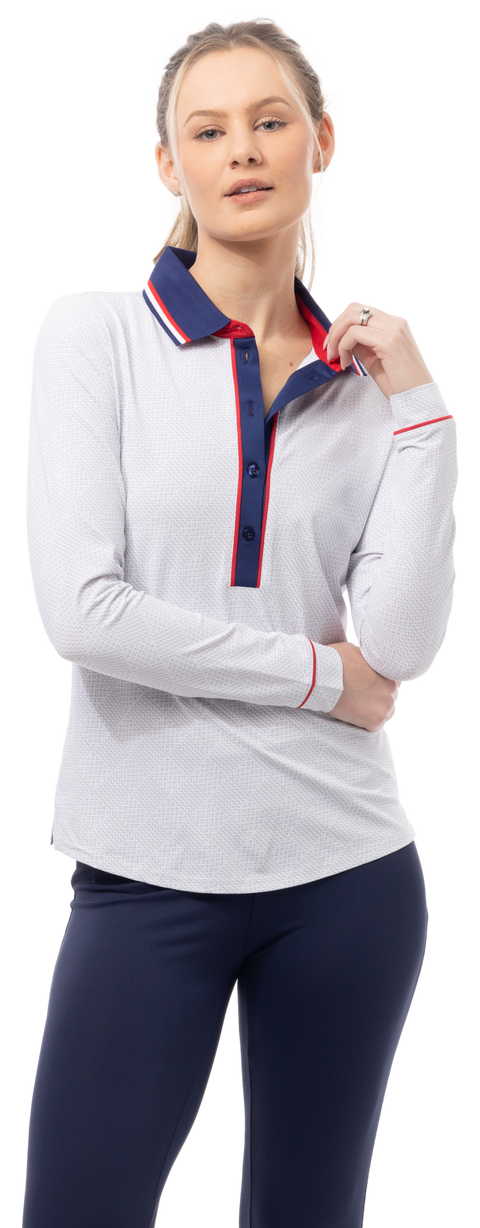SOLAIRCOOL TIPPED FIVE-BUTTON PRINT POLO. BETSY. WHITE. 900656P - SanSoleil
